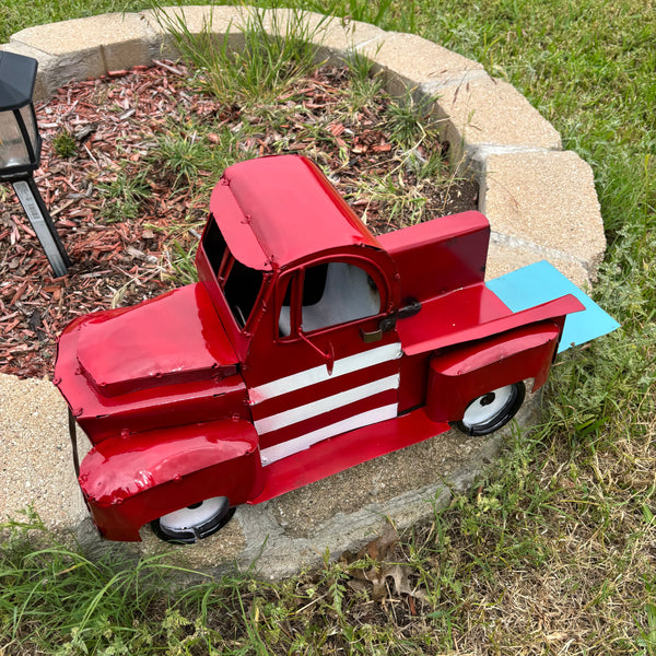 USA FLAG TRUCK 24" PICKUP PATRIOTIC TRUCK RED WHITE TAIL DOWN METAL GARDEN ART FIGURINE WESTERN HOME DECOR HANDMADE #EH12855
