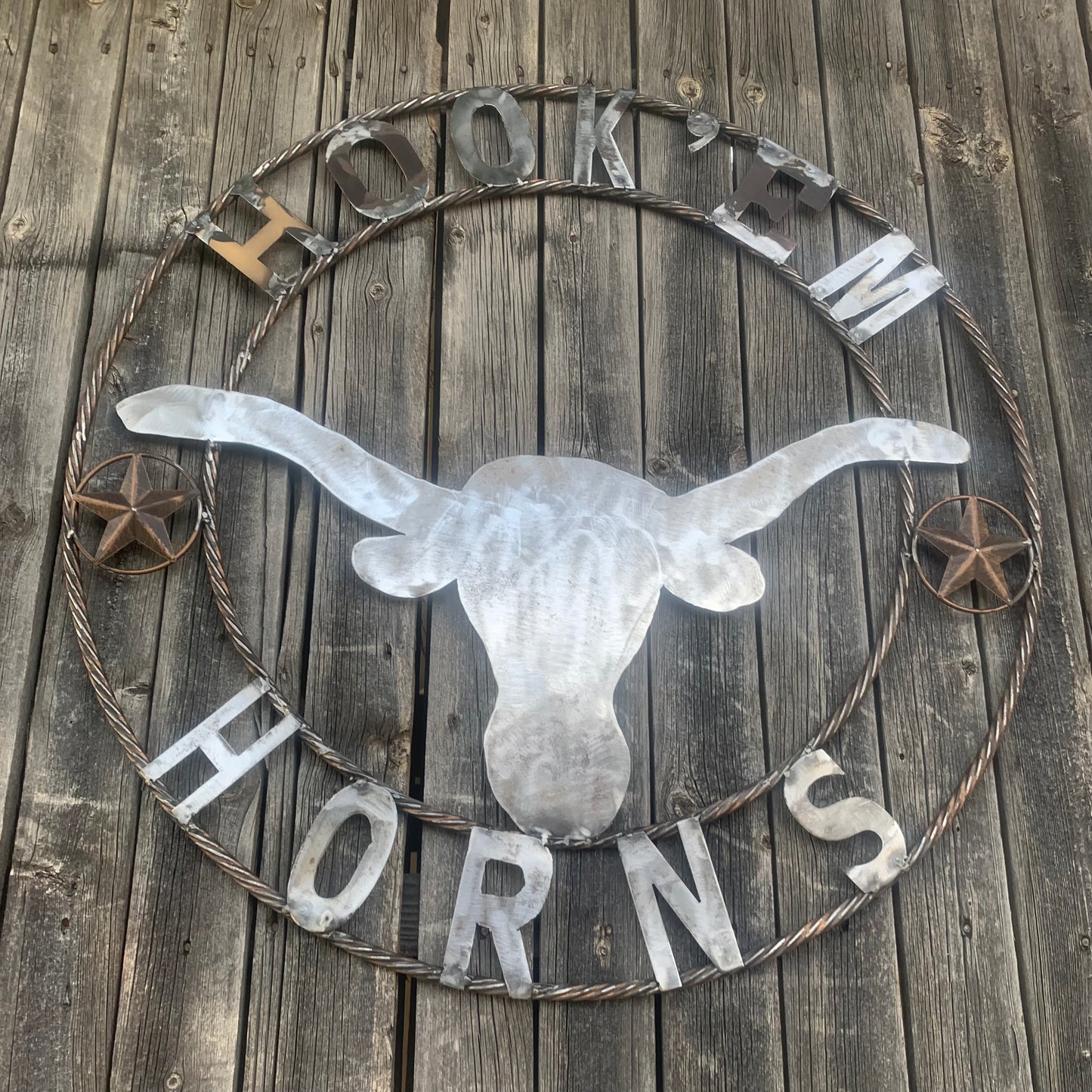 HOOKEM HORNS & LONE STAR TEXAS LONGHORNS HOOK EM RAW METAL UNPAINTED CUSTOM VINTAGE CRAFT WALL ART TEAM SIGN HANDMADE