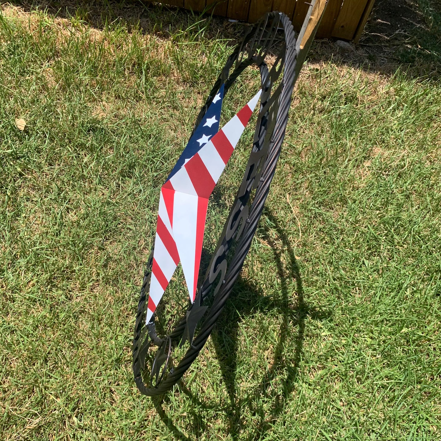 GOD BLESS AMERICA USA FLAG 3d STAR METAL BARN STAR BLACK TWISTED ROPE RING WALL ART WESTERN HOME DECOR RED WHITE & BLUE HANDMADE NEW #EH10490