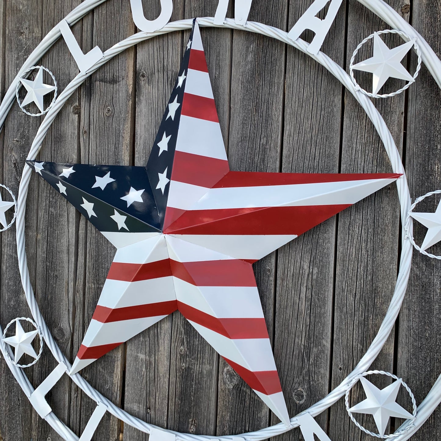 LUNA STYLE CUSTOM NAME BARN STAR METAL STAR 3d TWISTED ROPE RING WESTERN HOME DECOR USA FLAG STAR RED WHOTE & BLUE WITH WHITE RING HANDMADE 24",32",36",50"