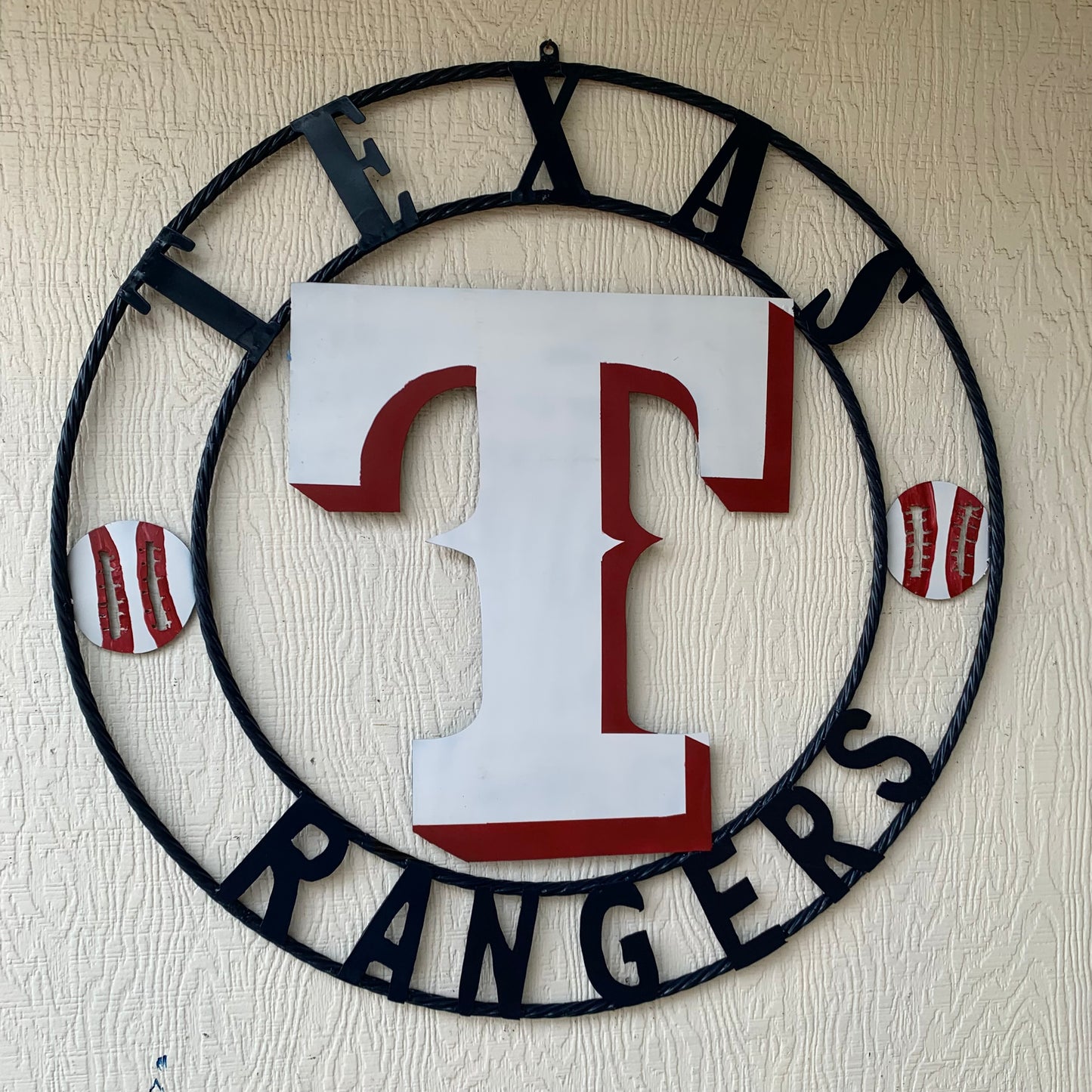 TEXAS RANGERS CUSTOM METAL VINTAGE CRAFT TEAM SIGN WHITE & RED & NAVY BLUE RING HANDMADE