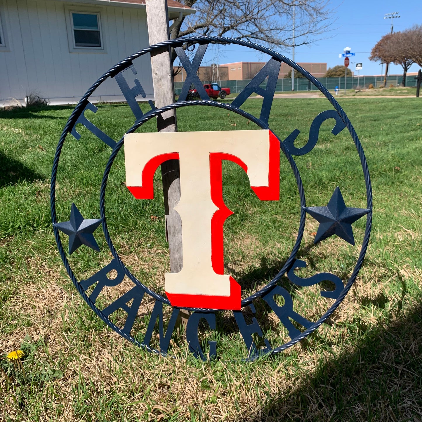 12", 18", 24", 32" TEXAS RANGERS BARN CUSTOM METAL VINTAGE CRAFT SIGN TEAM  WHITE & RED & NAVY BLUE RING & STAR HANDMADE