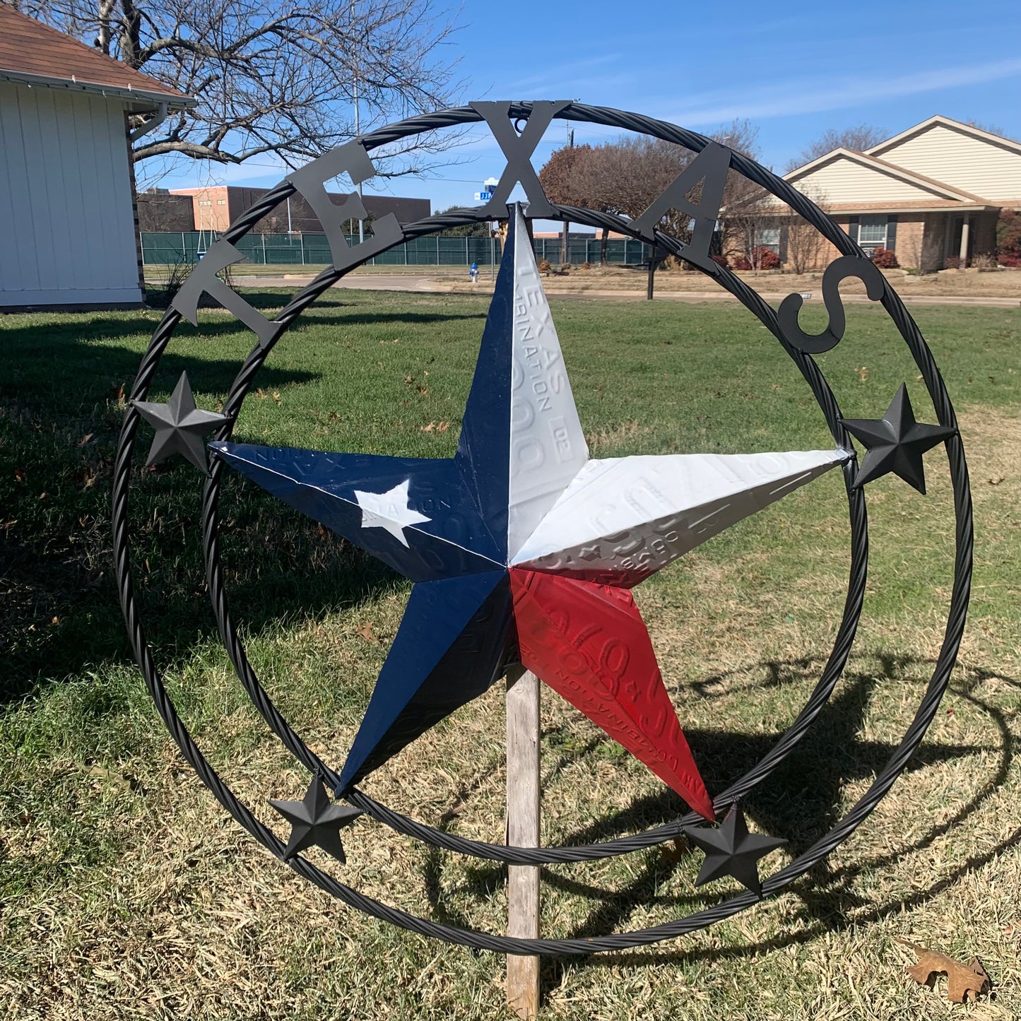 TEXAS LICENSE PLATE BARN STAR METAL LONE STAR TWISTED BLACK RING & LETTERS WESTERN HOME DECOR HANDMADE NEW