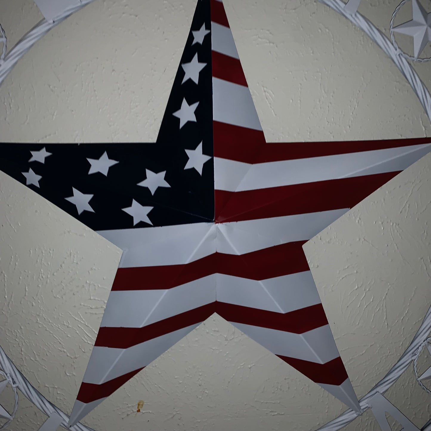 LUNA STYLE CUSTOM NAME BARN STAR METAL STAR 3d TWISTED ROPE RING WESTERN HOME DECOR USA FLAG STAR RED WHOTE & BLUE WITH WHITE RING HANDMADE 24",32",36",50"