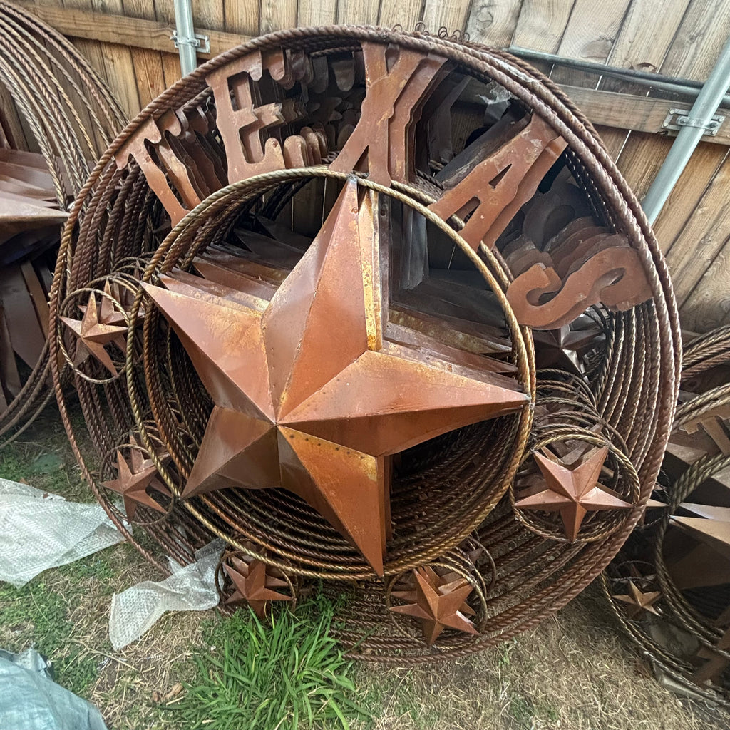 TEXAS GIANT NATURAL RUSTIC SEALED UNPAINTED LARGE OVERSIZE METAL LONESTAR GENUINE RUST PATINA LONE STAR TWISTED ROPE RING 4,5,6 FOOT
