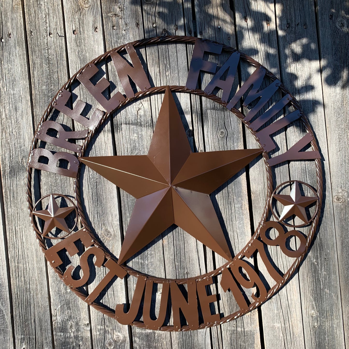 BREEN FAMILY STYLE CUSTOM NAME STAR BARN METAL STAR 3d TWISTED ROPE RING WESTERN HOME DECOR RUSTIC BROWN HANDMADE 24",32",36",50"