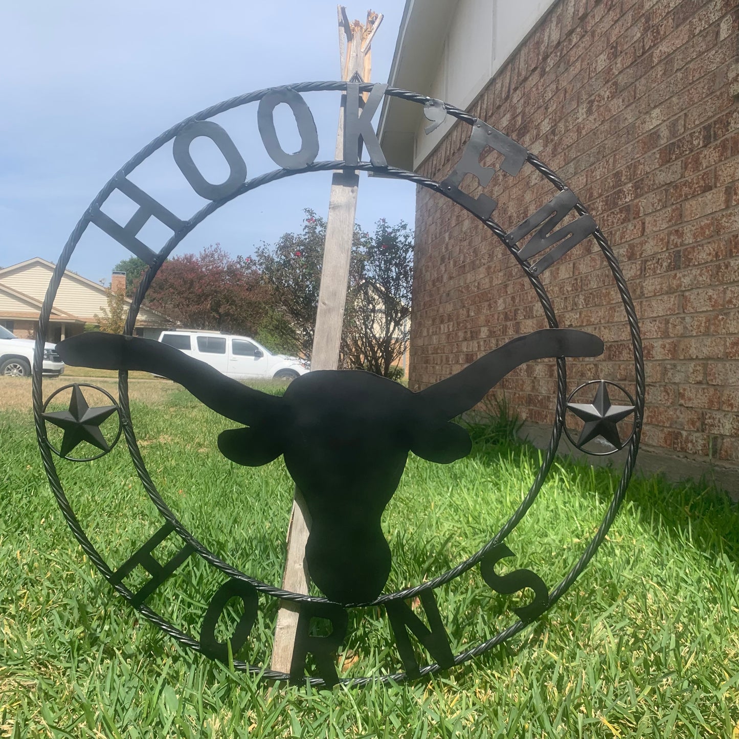 HOOKEM HORNS WITH LONE STAR TEXAS LONGHORNS HOOK EM BLACK METAL CUSTOM VINTAGE CRAFT WALL ART TEAM SIGN HANDMADE