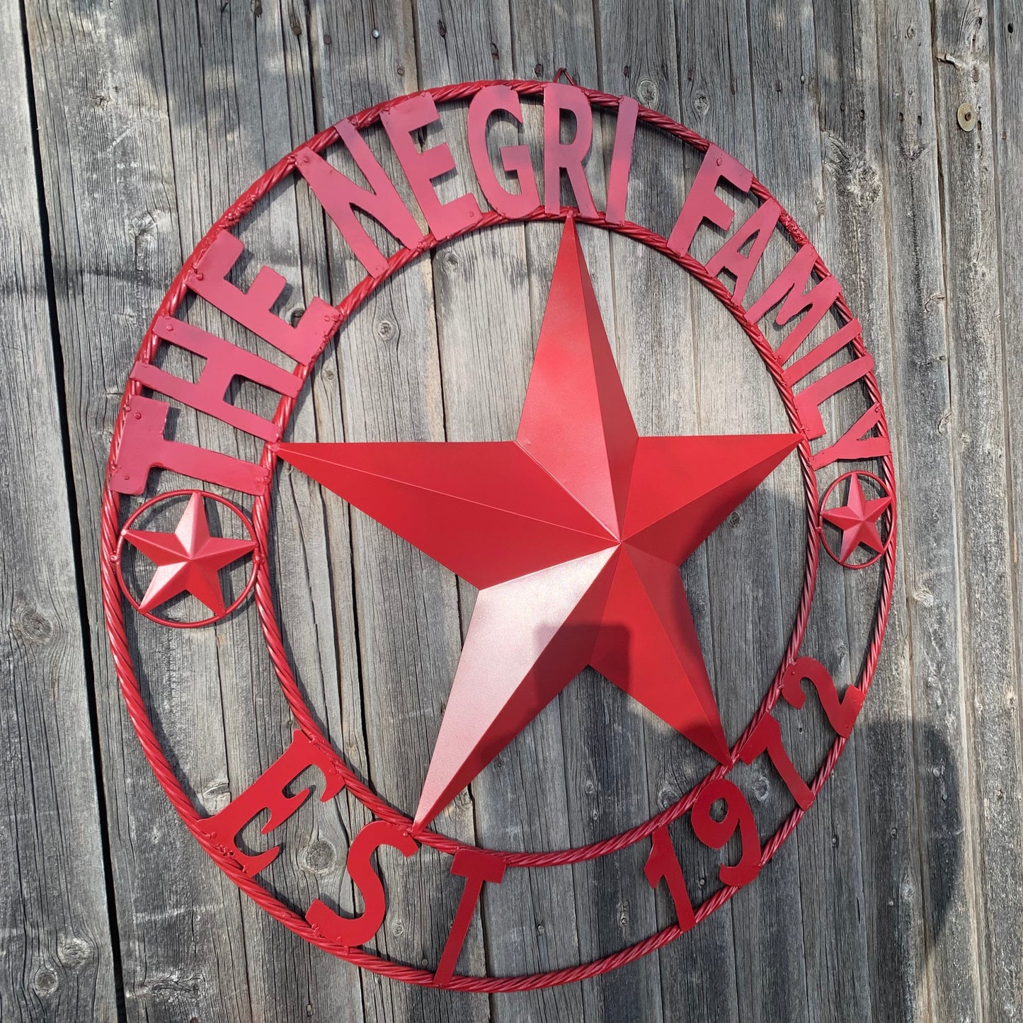 NEGRI FAMILY STYLE YOUR CUSTOM NAME STAR BARN STAR METAL LONE STAR WESTERN HOME DECOR RUSTIC BURGUNDY RED HANDMADE 24",32",36",50"