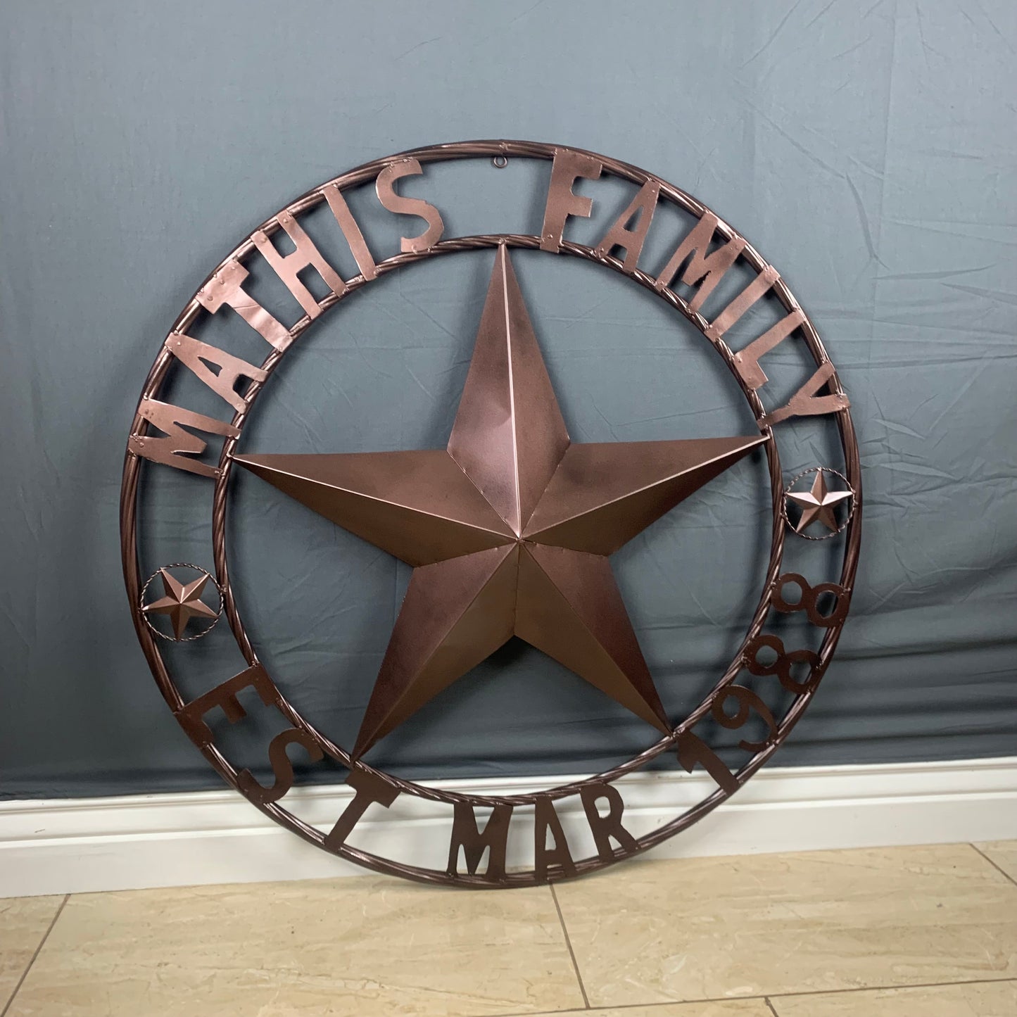 MATHIS STYLE CUSTOM NAME STAR BARN STAR 3d METAL LONESTAR TWISTED ROPE RING WESTERN HOME DECOR RUSTIC BRONZE COPPER HANDMADE 24",32",36",50"