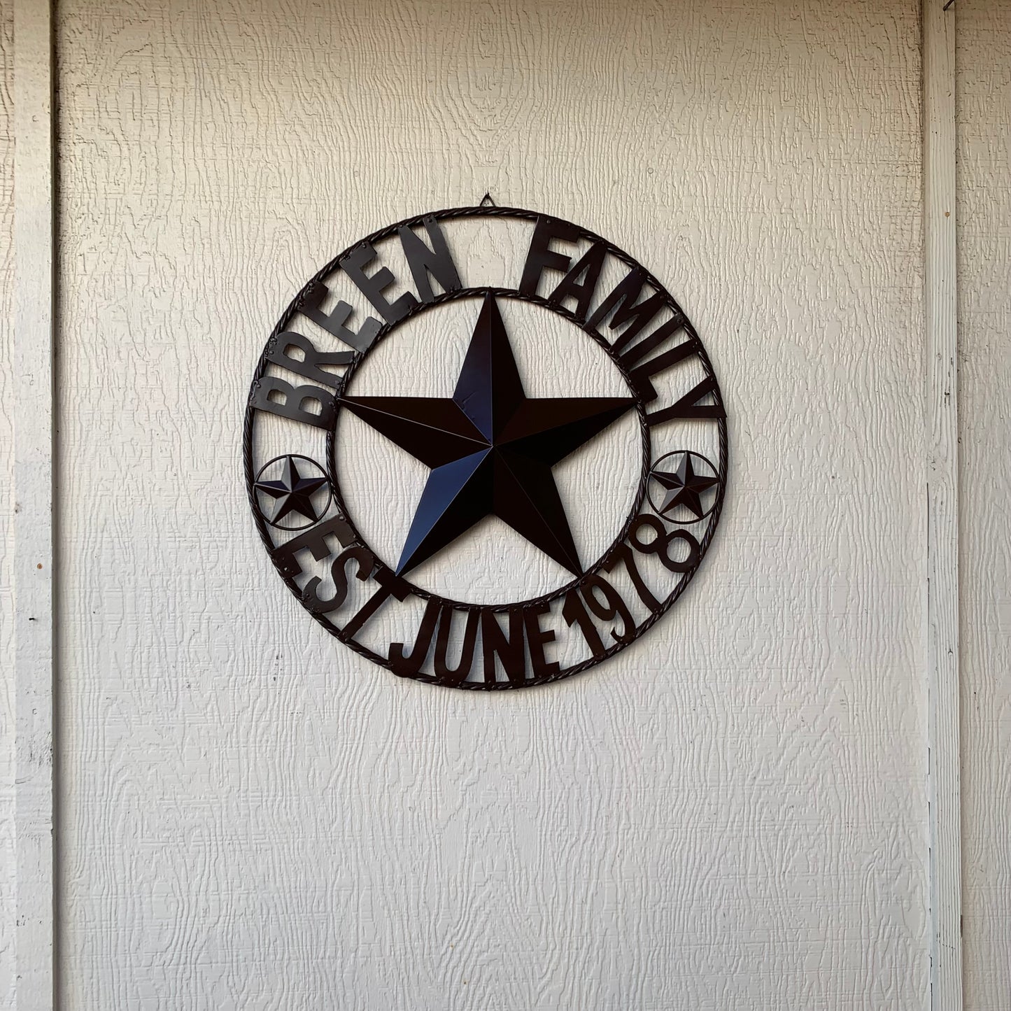 BREEN FAMILY STYLE CUSTOM NAME STAR BARN METAL STAR 3d TWISTED ROPE RING WESTERN HOME DECOR RUSTIC BROWN HANDMADE 24",32",36",50"