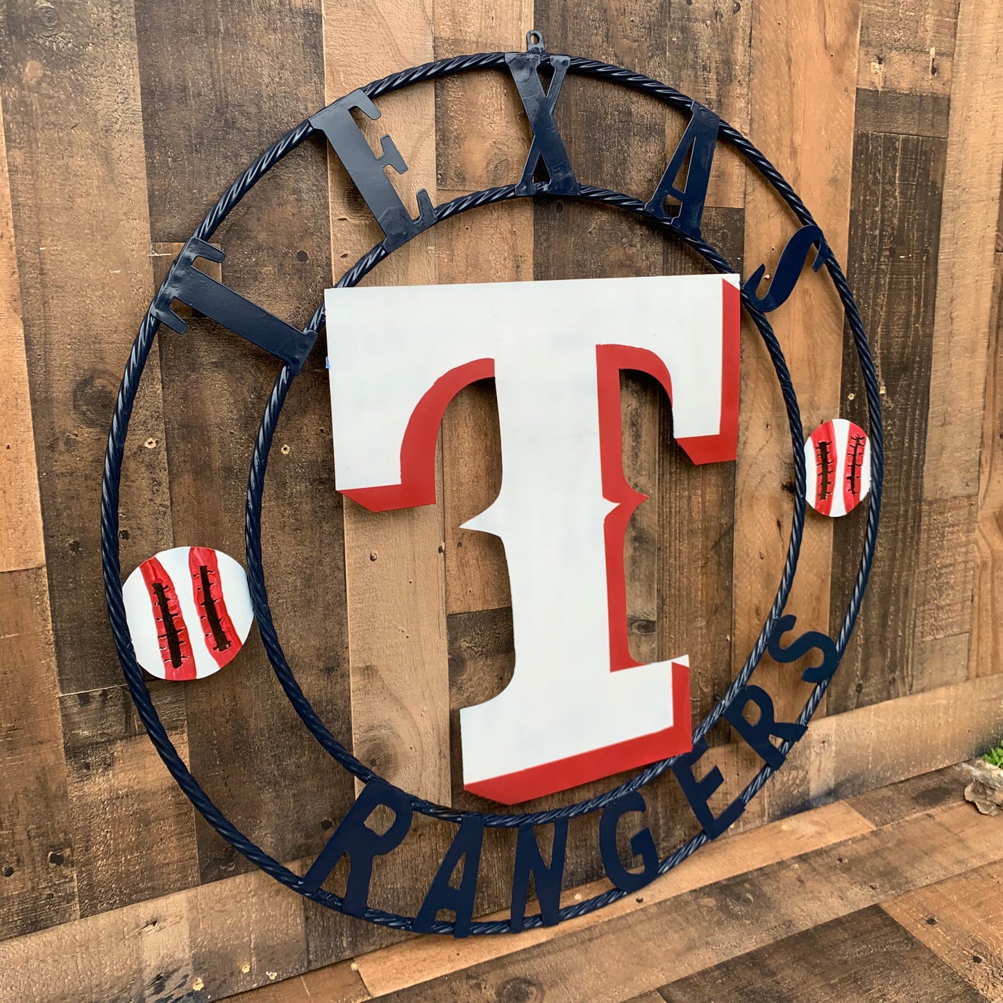 TEXAS RANGERS CUSTOM METAL VINTAGE CRAFT TEAM SIGN WHITE & RED & NAVY BLUE RING HANDMADE