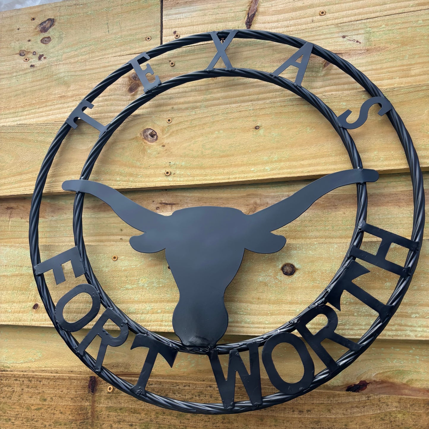 TEXAS FORT WORTH METAL SIGN LONGHORNS BLACK WESTERN HOME DECOR HANDMADE