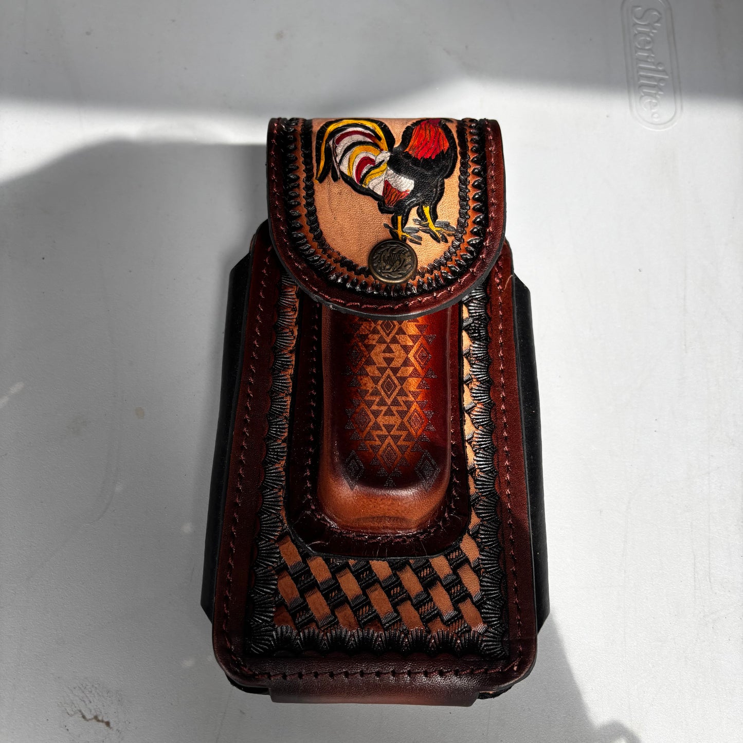ROOSTER LEATHER HOLSTER 7" PHONE POUCH WITH KNIFE HOLDER FRONT EXTRA LARGE  BELT LOOP CELL PHONE CASE UNIVERSAL OVERSIZE MADE IN MEXICO #EH13860