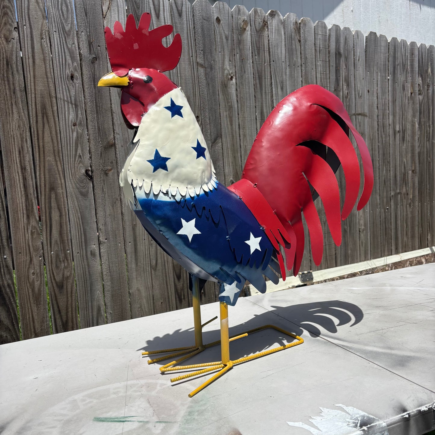 USA FLAG ROOSTER AMERICAN RED WHITE BLUE PATRIOTIC GARDEN METAL SCULPTURE WESTERN HOME DECOR ORNAMENT HANDMADE #34-003