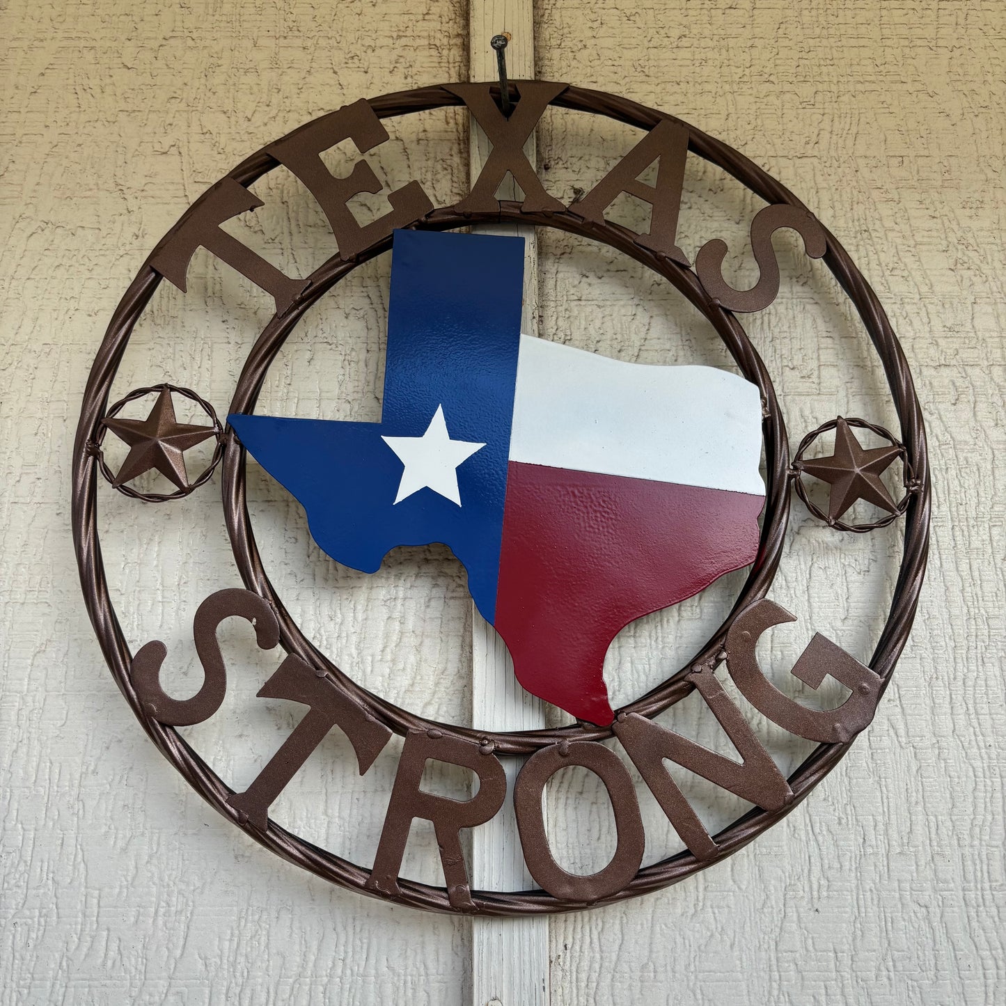 TEXAS STRONG SIGN METAL WALL ART WESTERN HOME DECOR RED WHITE BLUE WITH BRONZE RING HANDMADE #EH13212