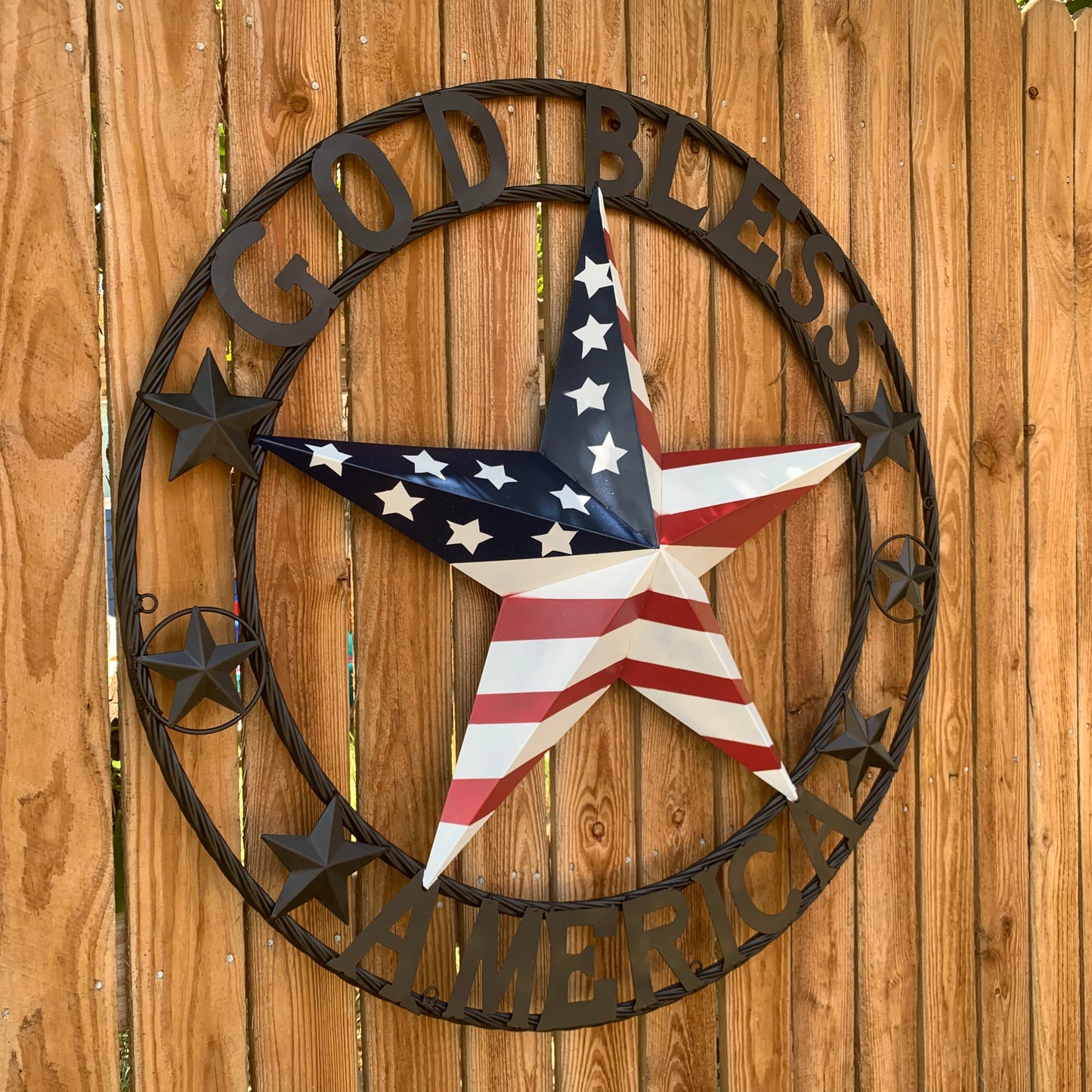 GOD BLESS AMERICA USA FLAG 3d STAR METAL BARN STAR BLACK TWISTED ROPE RING WALL ART WESTERN HOME DECOR RED WHITE & BLUE HANDMADE NEW #EH10490
