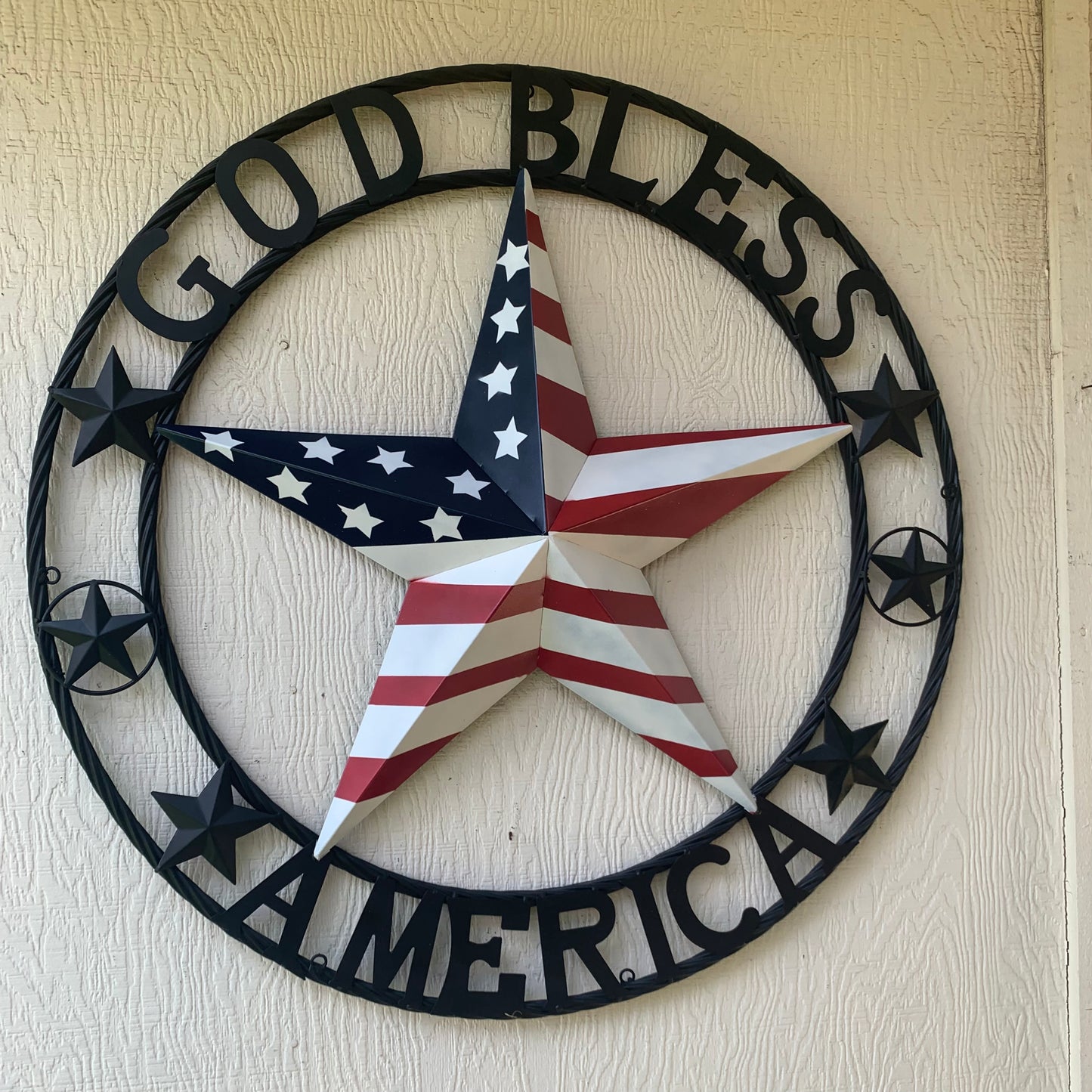 GOD BLESS AMERICA USA FLAG 3d STAR METAL BARN STAR BLACK TWISTED ROPE RING WALL ART WESTERN HOME DECOR RED WHITE & BLUE HANDMADE NEW #EH10490