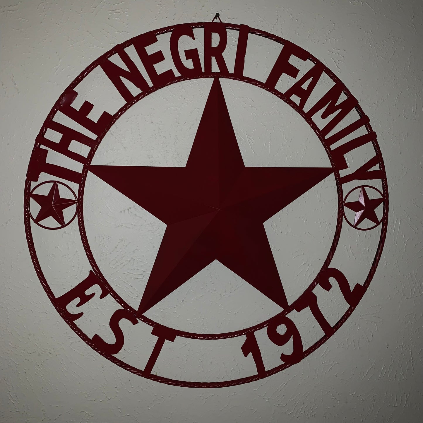 NEGRI FAMILY STYLE YOUR CUSTOM NAME STAR BARN STAR METAL LONE STAR WESTERN HOME DECOR RUSTIC BURGUNDY RED HANDMADE 24",32",36",50"