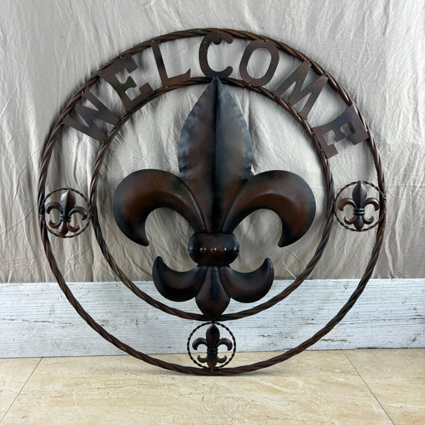 24" WELCOME FLEUR DE LIS METAL WALL ART WESTERN HOME DECOR BROWN NEW #EH11997