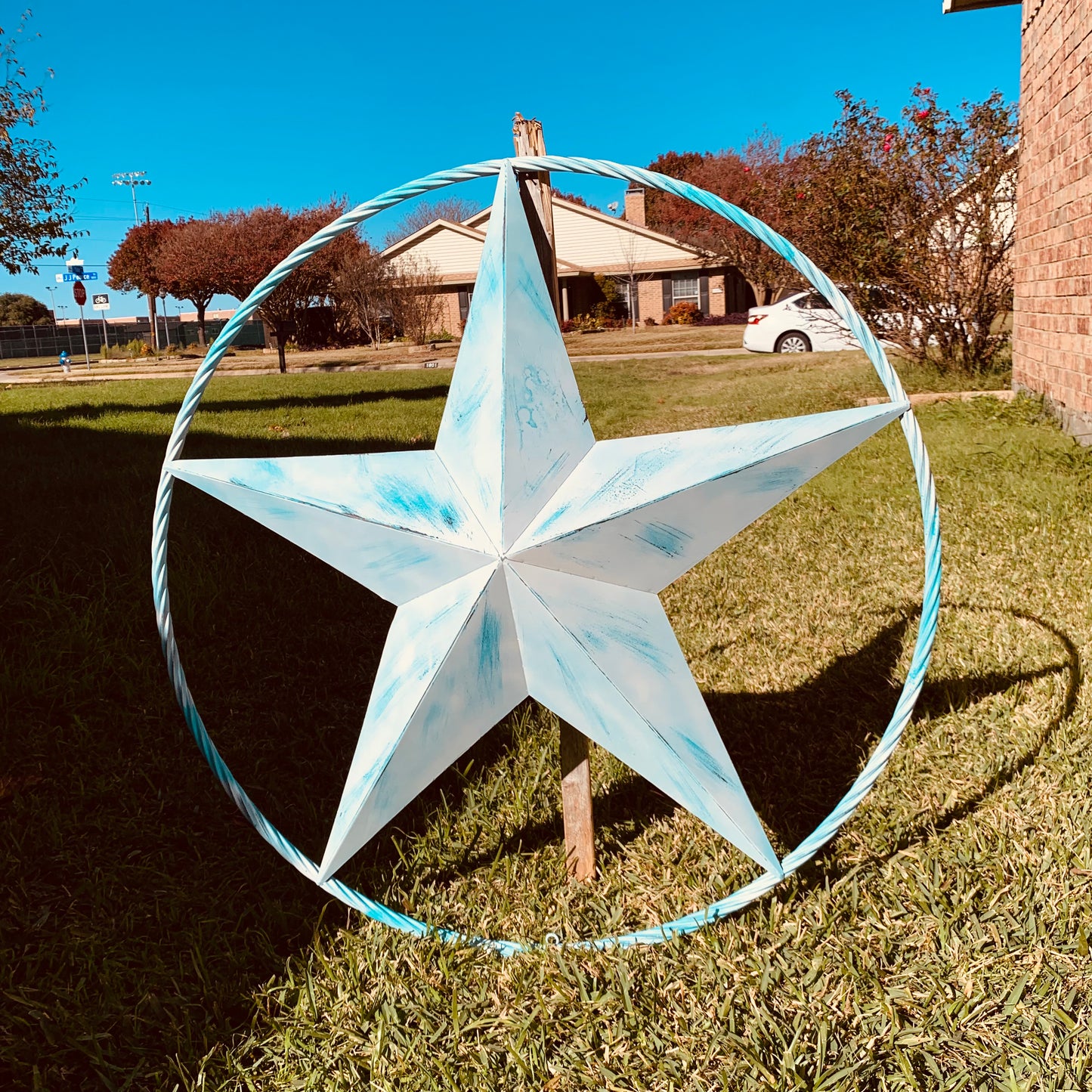 #EH11219 TURQUOISE WHITE DISTRESSED STAR TWO TONE TEXTURE BARN STAR METAL LONESTAR TWISTED ROPE RING WESTERN HOME DECOR HANDMADE NEW