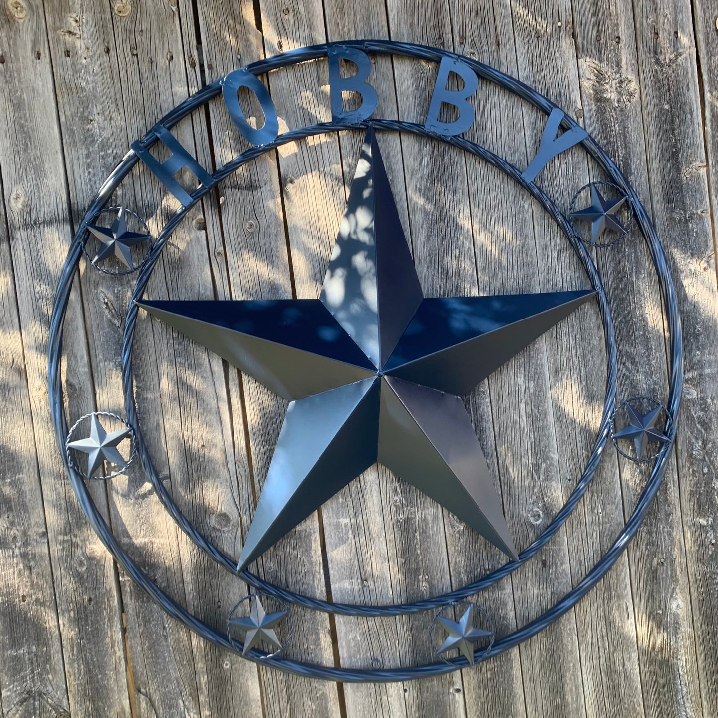HOBBY STYLE CUSTOM NAME STAR BARN METAL STAR 3d TWISTED ROPE RING WESTERN HOME DECOR RUSTIC NAVY BLUE HANDMADE 24",32",36",50"