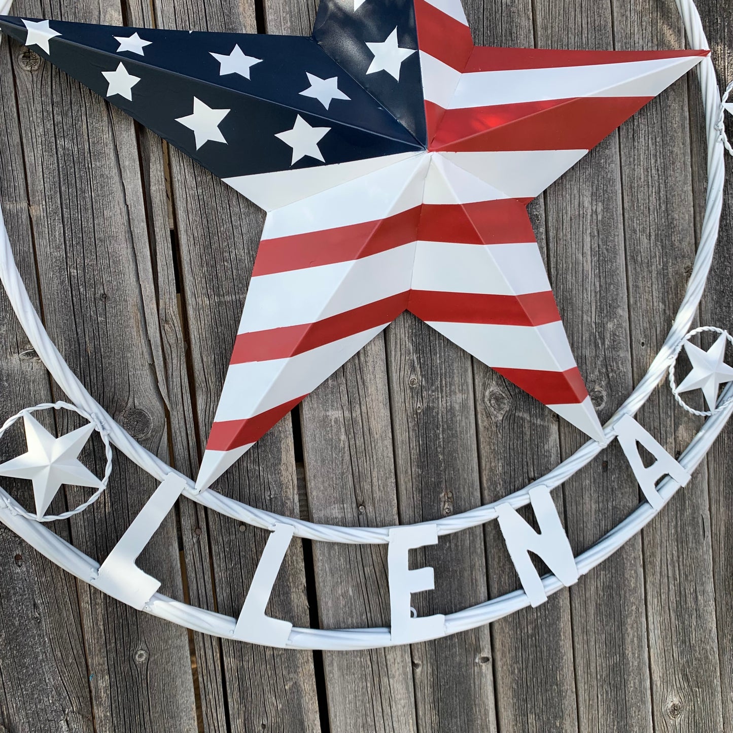 LUNA STYLE CUSTOM NAME BARN STAR METAL STAR 3d TWISTED ROPE RING WESTERN HOME DECOR USA FLAG STAR RED WHOTE & BLUE WITH WHITE RING HANDMADE 24",32",36",50"