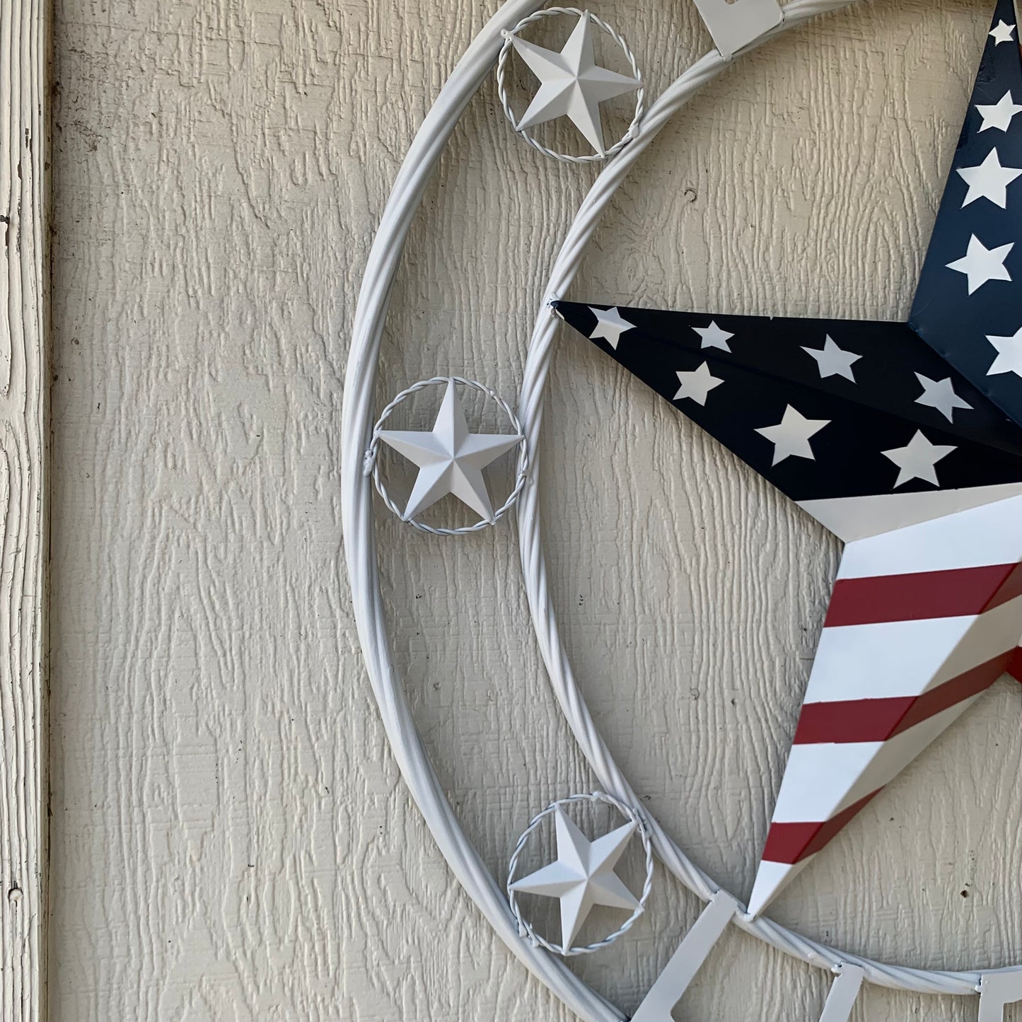 LUNA STYLE CUSTOM NAME BARN STAR METAL STAR 3d TWISTED ROPE RING WESTERN HOME DECOR USA FLAG STAR RED WHOTE & BLUE WITH WHITE RING HANDMADE 24",32",36",50"
