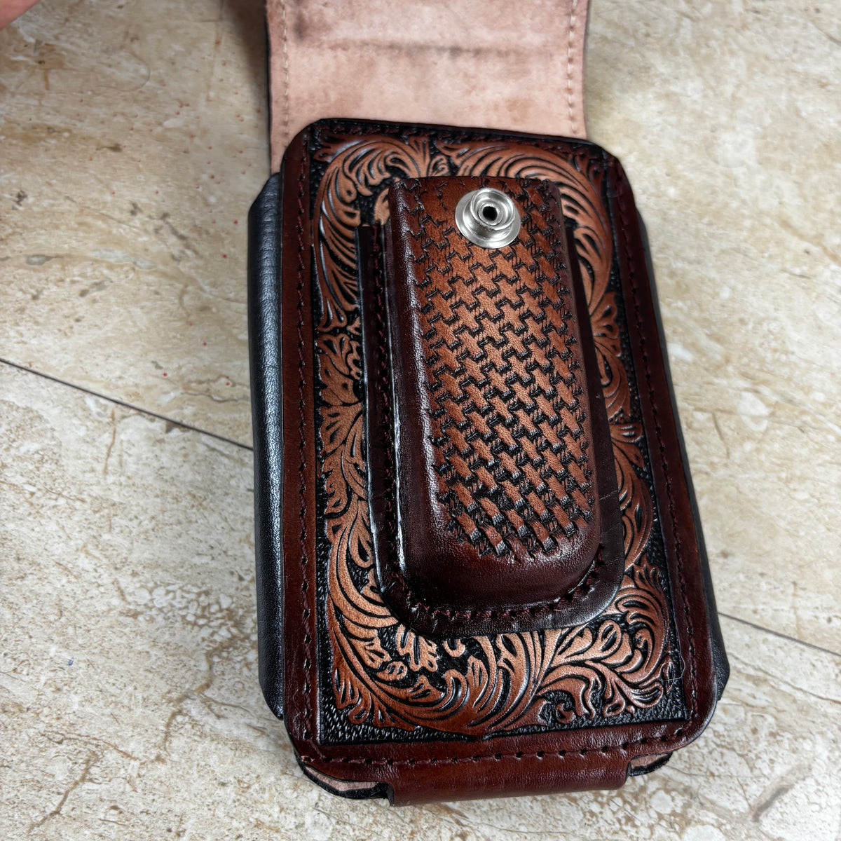 LONGHORN LEATHER HOLSTER 7" PHONE POUCH WITH KNIFE HOLDER FRONT EXTRA LARGE  BELT LOOP CELL PHONE CASE UNIVERSAL OVERSIZE MEXICO MADE #EH13806