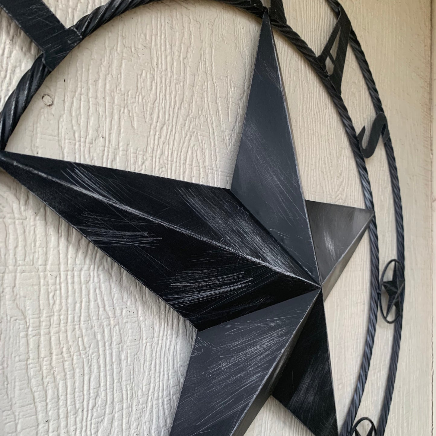 TEXAS BLACK DISTRESSED STAR TWO TONE TEXTURE BARN STAR METAL LONESTAR TWISTED ROPE RING WESTERN HOME DECOR HANDMADE NEW