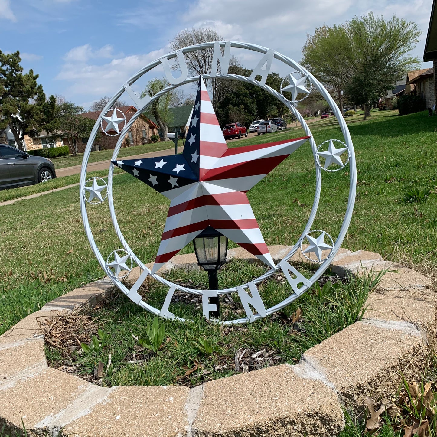LUNA STYLE CUSTOM NAME BARN STAR METAL STAR 3d TWISTED ROPE RING WESTERN HOME DECOR USA FLAG STAR RED WHOTE & BLUE WITH WHITE RING HANDMADE 24",32",36",50"