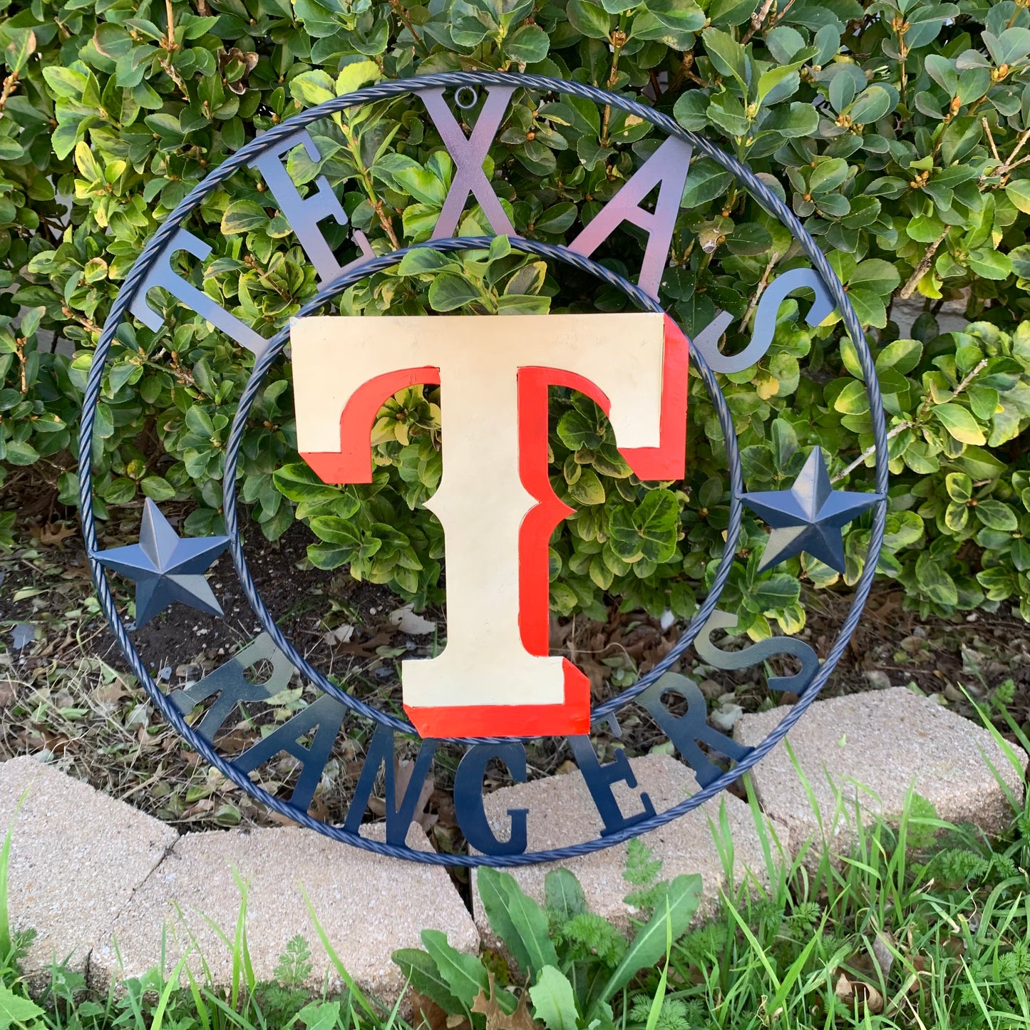 12", 18", 24", 32" TEXAS RANGERS BARN CUSTOM METAL VINTAGE CRAFT SIGN TEAM  WHITE & RED & NAVY BLUE RING & STAR HANDMADE
