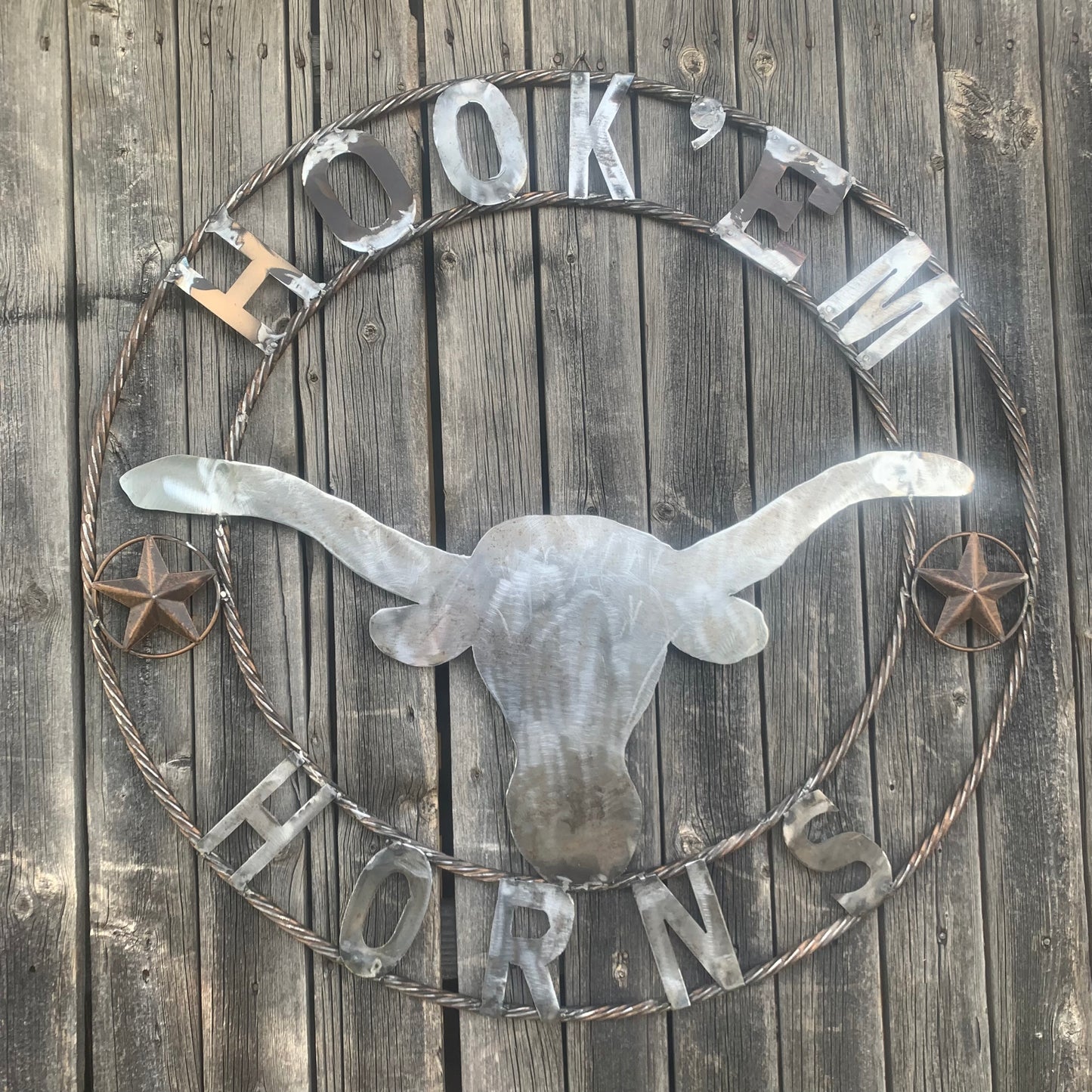 HOOKEM HORNS & LONE STAR TEXAS LONGHORNS HOOK EM RAW METAL UNPAINTED CUSTOM VINTAGE CRAFT WALL ART TEAM SIGN HANDMADE