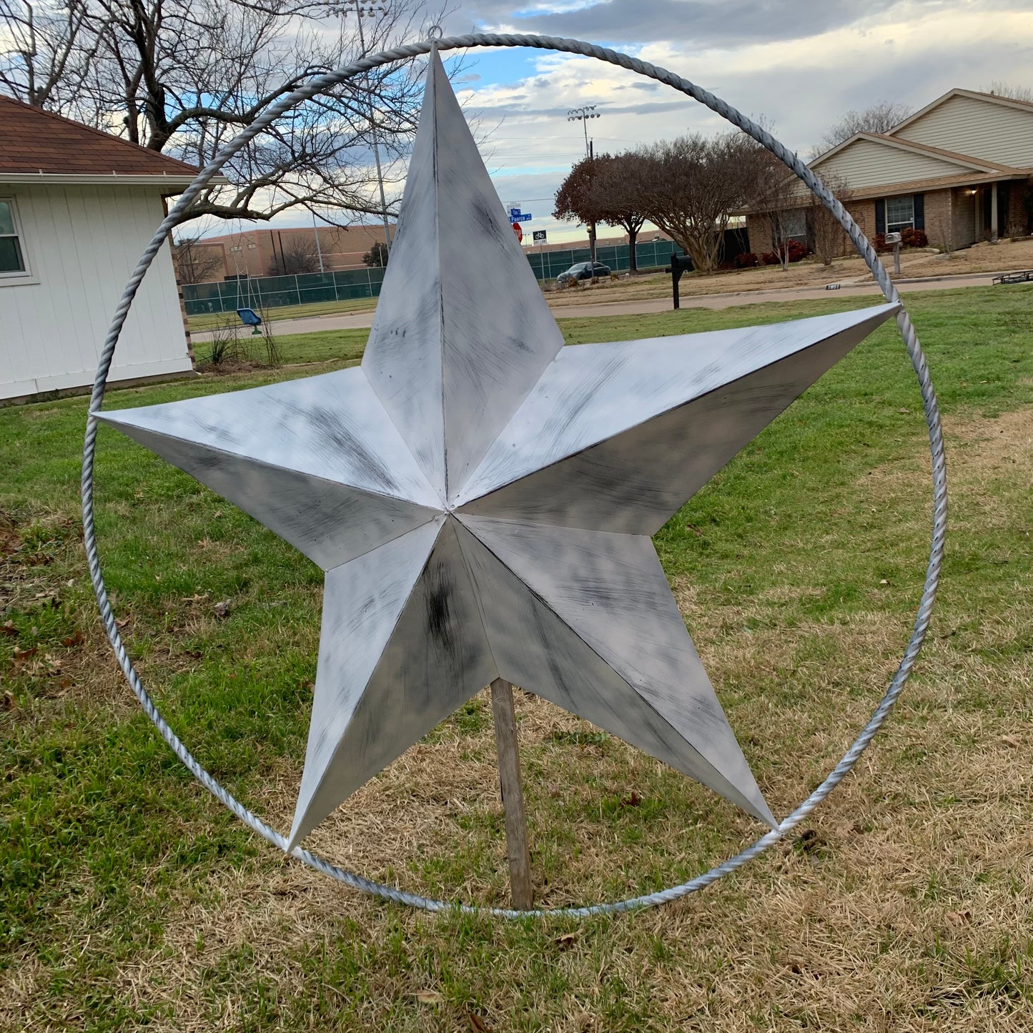 5 FOOT WHITE DISTRESSED STAR TWO TONE TEXTURE BARN STAR METAL LONESTAR TWISTED ROPE RING WESTERN HOME DECOR HANDMADE NEW