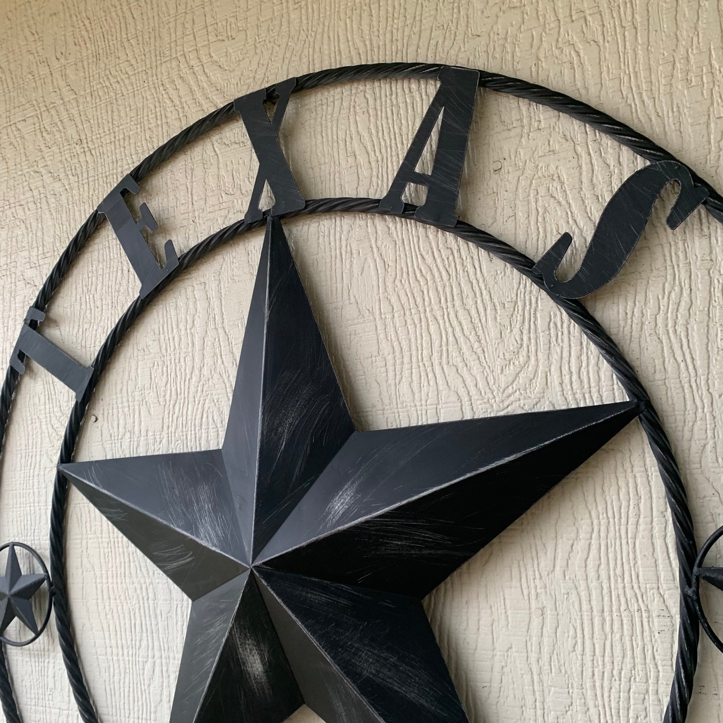 TEXAS BLACK DISTRESSED STAR TWO TONE TEXTURE BARN STAR METAL LONESTAR TWISTED ROPE RING WESTERN HOME DECOR HANDMADE NEW