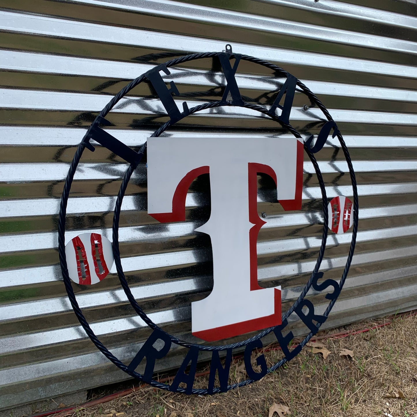 TEXAS RANGERS CUSTOM METAL VINTAGE CRAFT TEAM SIGN WHITE & RED & NAVY BLUE RING HANDMADE