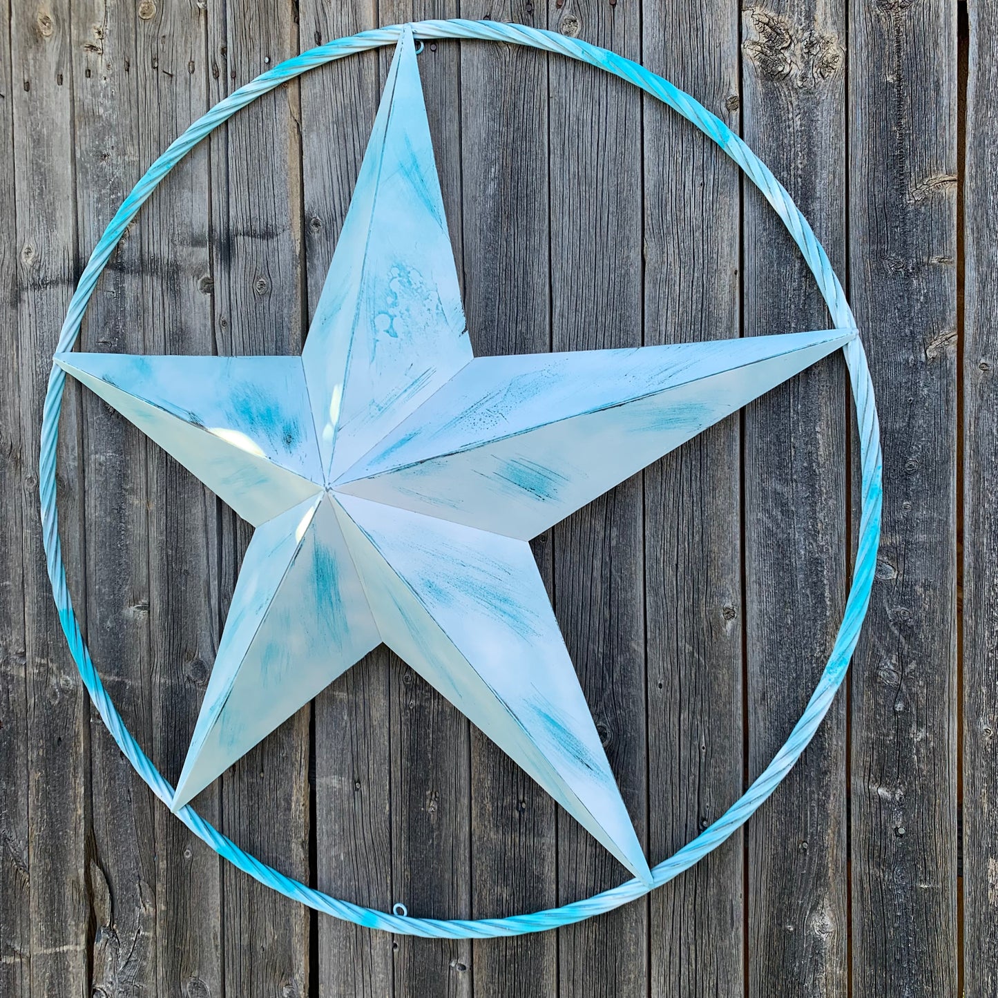 #EH11219 TURQUOISE WHITE DISTRESSED STAR TWO TONE TEXTURE BARN STAR METAL LONESTAR TWISTED ROPE RING WESTERN HOME DECOR HANDMADE NEW