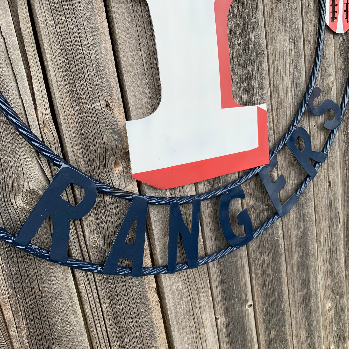 TEXAS RANGERS CUSTOM METAL VINTAGE CRAFT TEAM SIGN WHITE & RED & NAVY BLUE RING HANDMADE