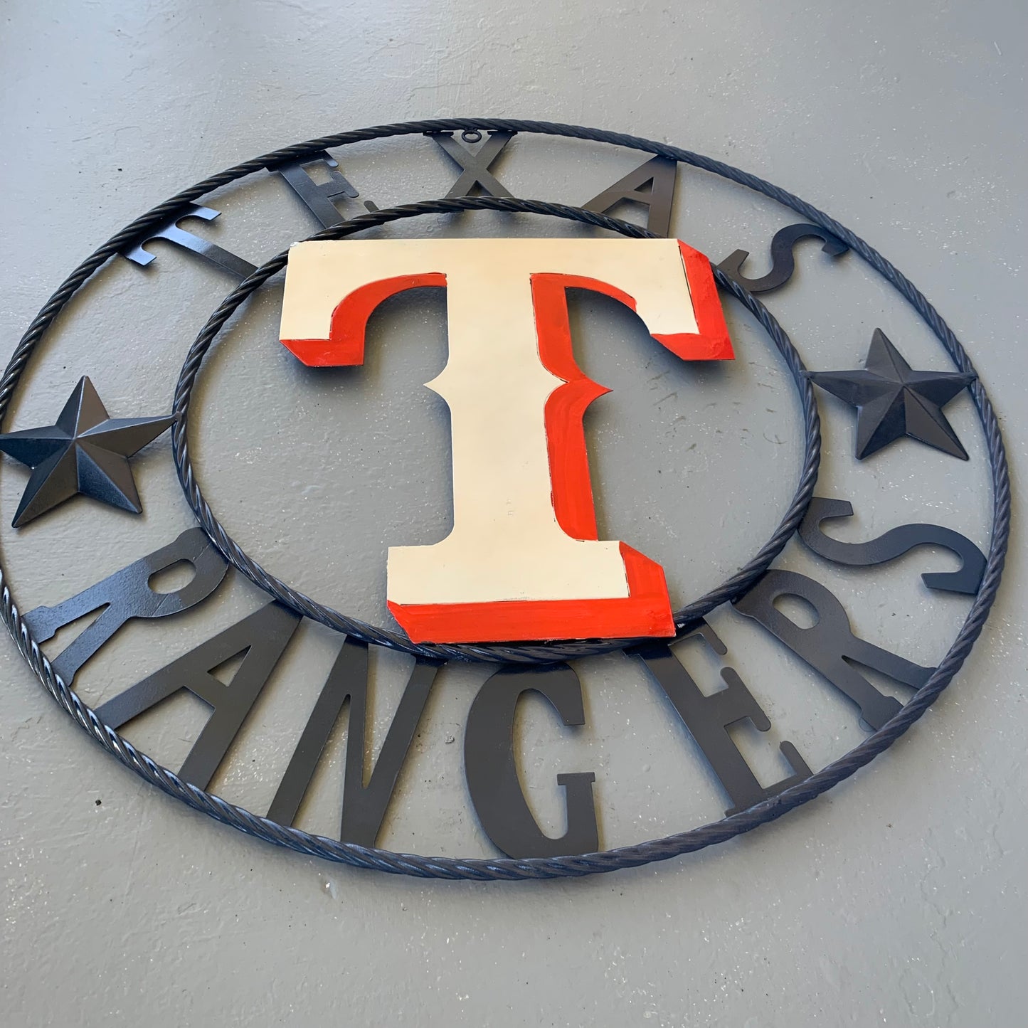 12", 18", 24", 32" TEXAS RANGERS BARN CUSTOM METAL VINTAGE CRAFT SIGN TEAM  WHITE & RED & NAVY BLUE RING & STAR HANDMADE