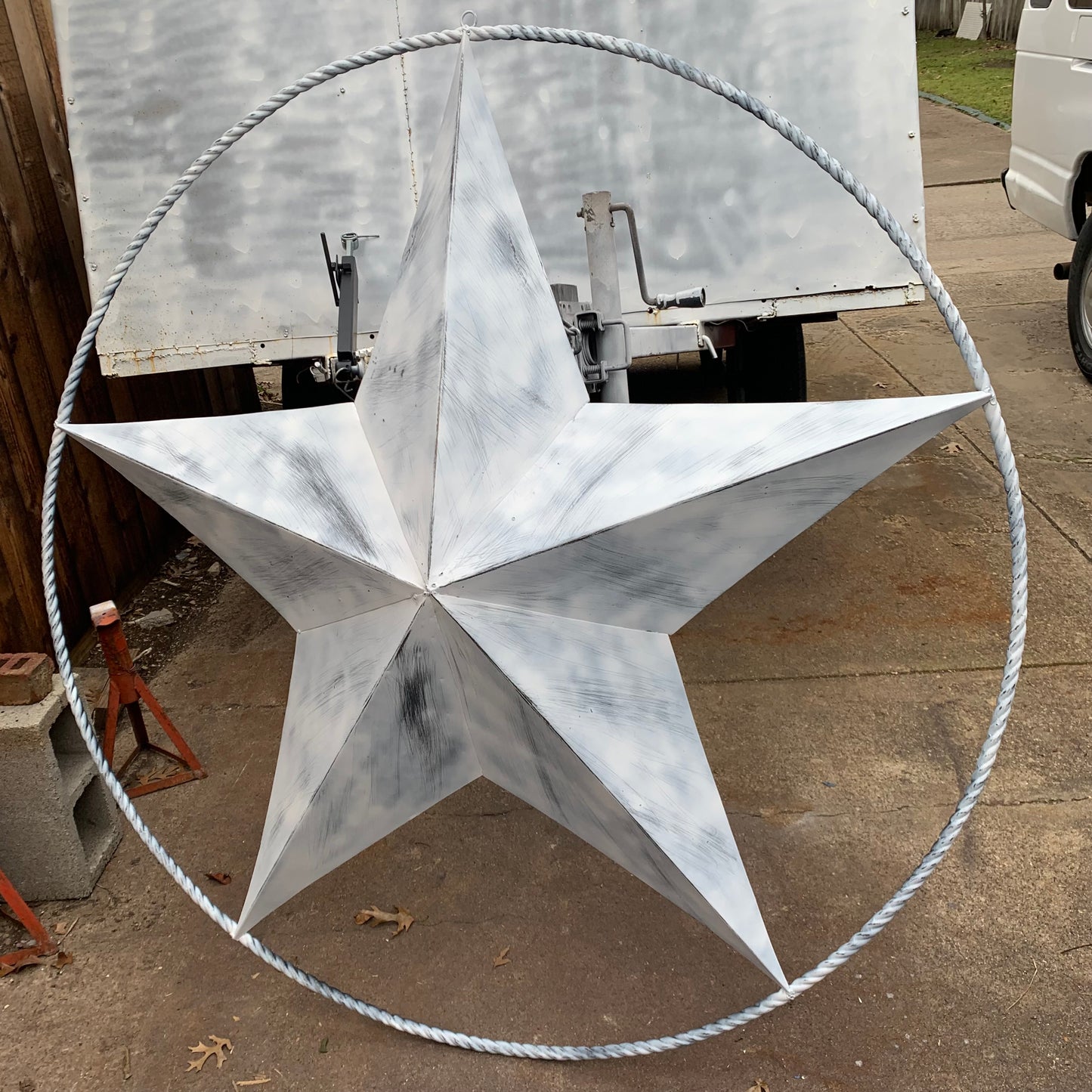 5 FOOT WHITE DISTRESSED STAR TWO TONE TEXTURE BARN STAR METAL LONESTAR TWISTED ROPE RING WESTERN HOME DECOR HANDMADE NEW