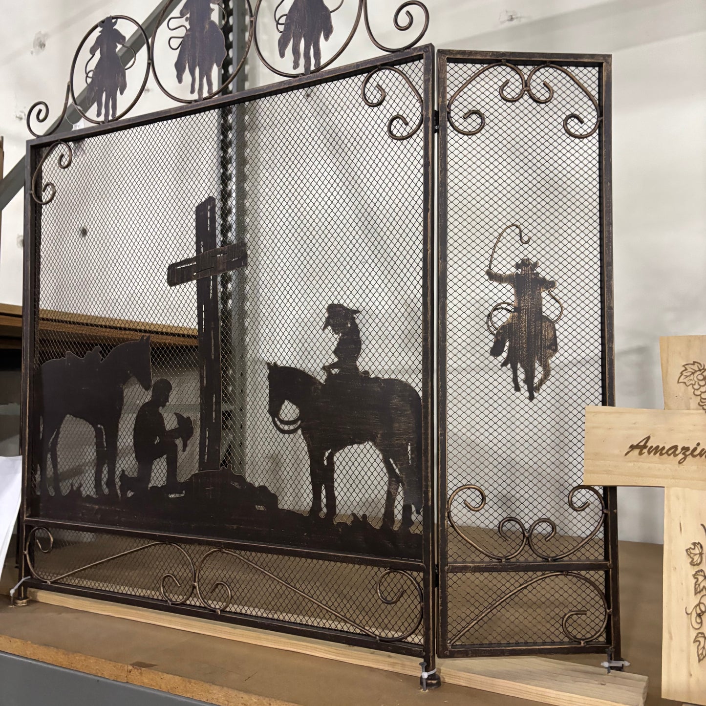 PRAYING COWBOY CHURCH METAL FIREPLACE SCREEN 39" X 34" WESTERN HOME DECOR HANDMADE #EH80004