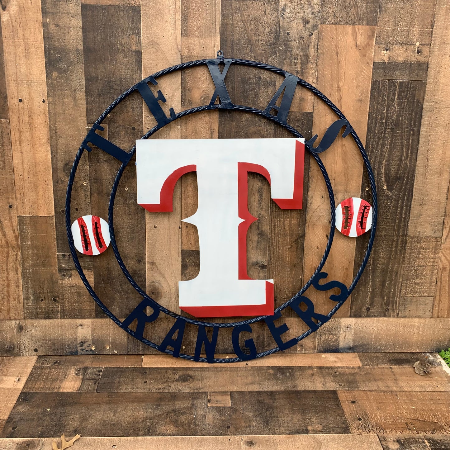 TEXAS RANGERS CUSTOM METAL VINTAGE CRAFT TEAM SIGN WHITE & RED & NAVY BLUE RING HANDMADE