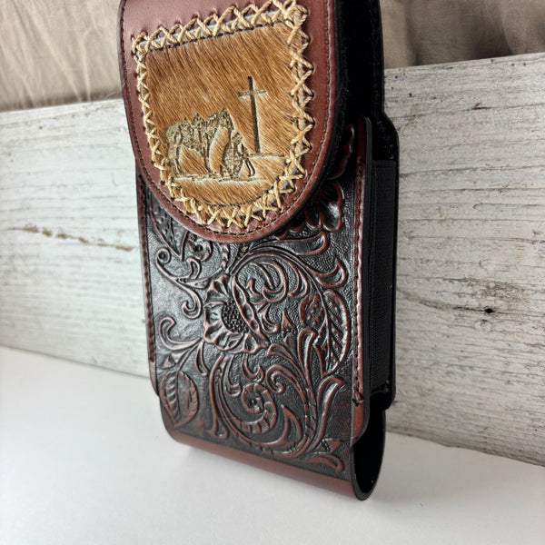 7" COWBOY PRAYER  LEATHER HOLSTER BROWN POUCH EXTRA LARGE  BELT LOOP CELL PHONE CASE UNIVERSAL OVERSIZE