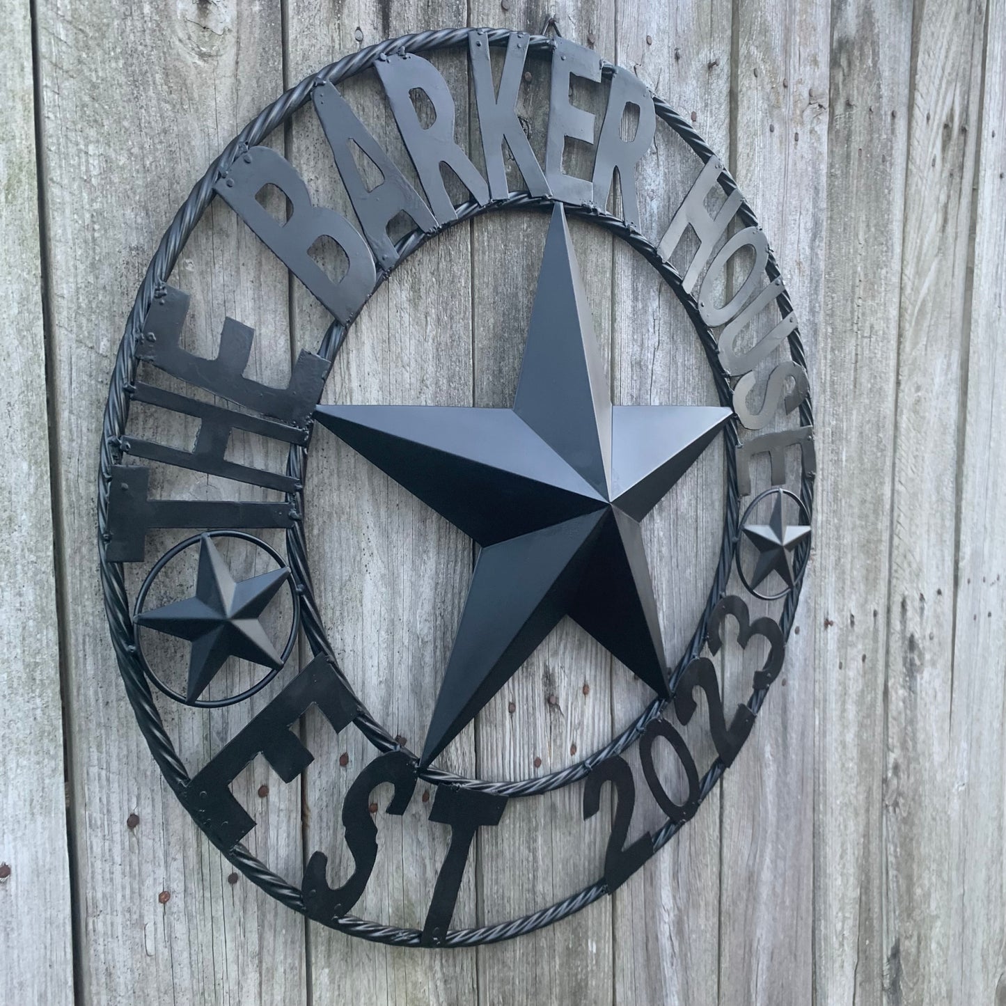 BARKER STYLE CUSTOM NAME STAR BARN METAL STAR 3d TWISTED ROPE RING LONESTAR WESTERN HOME DECOR RUSTIC BLACK HANDMADE 24",32",36",50"