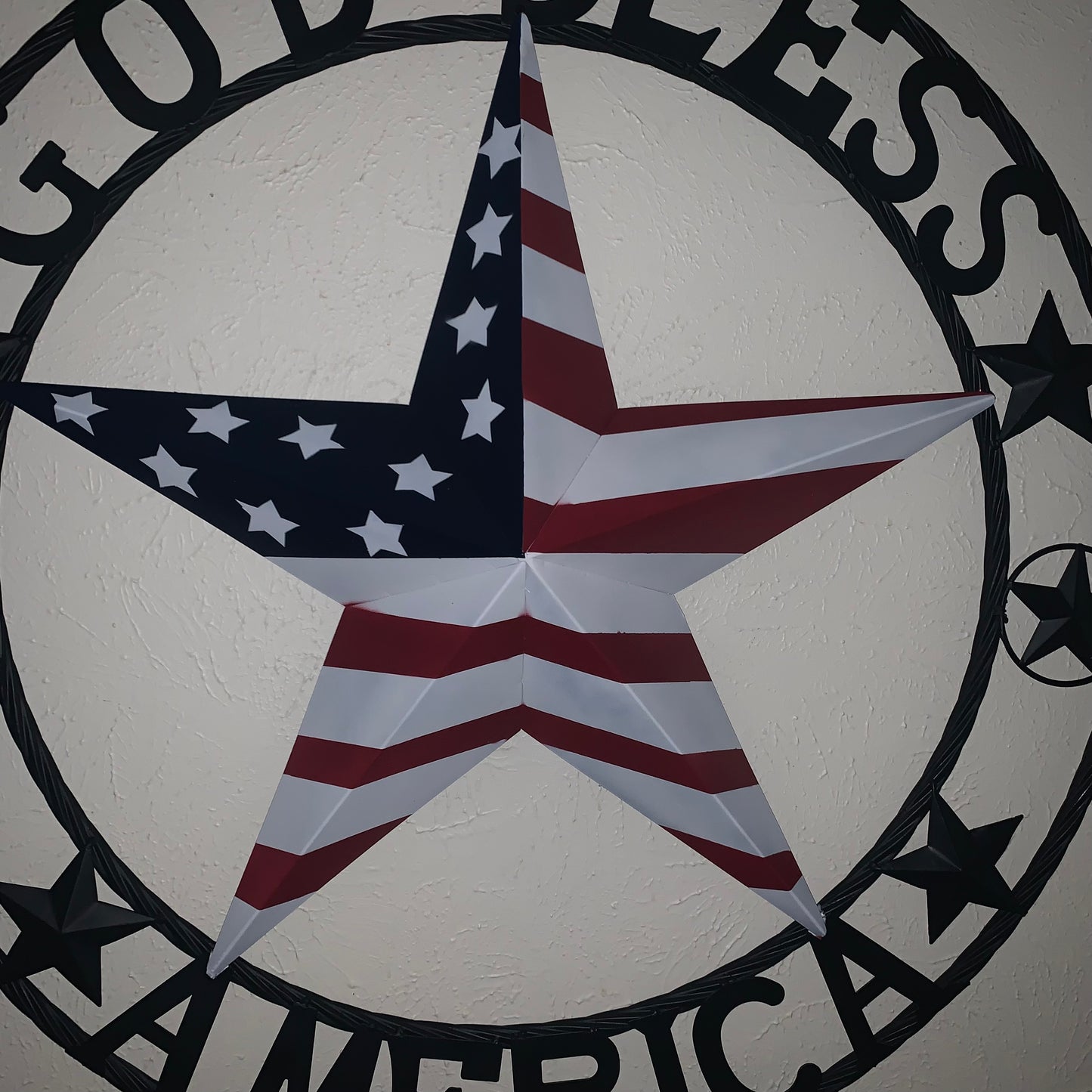 GOD BLESS AMERICA USA FLAG 3d STAR METAL BARN STAR BLACK TWISTED ROPE RING WALL ART WESTERN HOME DECOR RED WHITE & BLUE HANDMADE NEW #EH10490