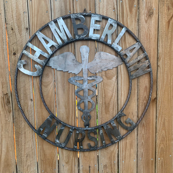 CUSTOM NAME CHAMBERLAIN NURSING STYLE TWISTIED RING BARN RUSTIC BRONZE METAL SIGN WESTERN HOME DECOR HANDMADE 24",32",36"