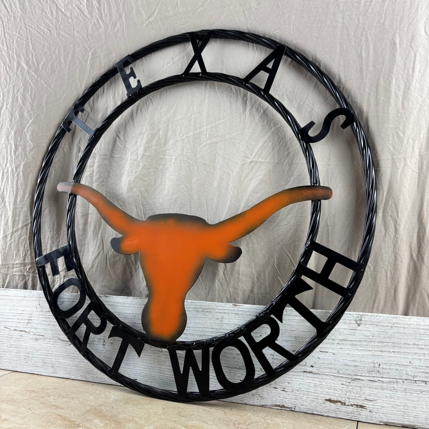 TEXAS FORT WORTH METAL SIGN LONGHORNS ORANGE WESTERN HOME DECOR HANDMADE