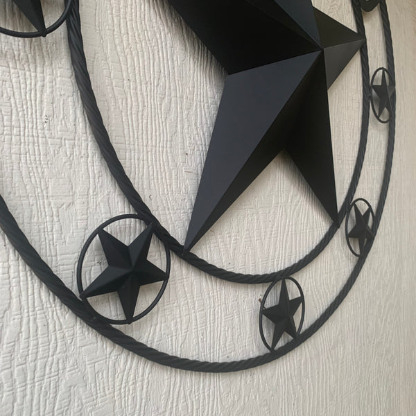 ELIZONDO STYLE CUSTOM NAME STAR BARN METAL STAR 3d TWISTED ROPE RING WESTERN HOME DECOR RUSTIC BLACK HANDMADE 24",32",36",50"