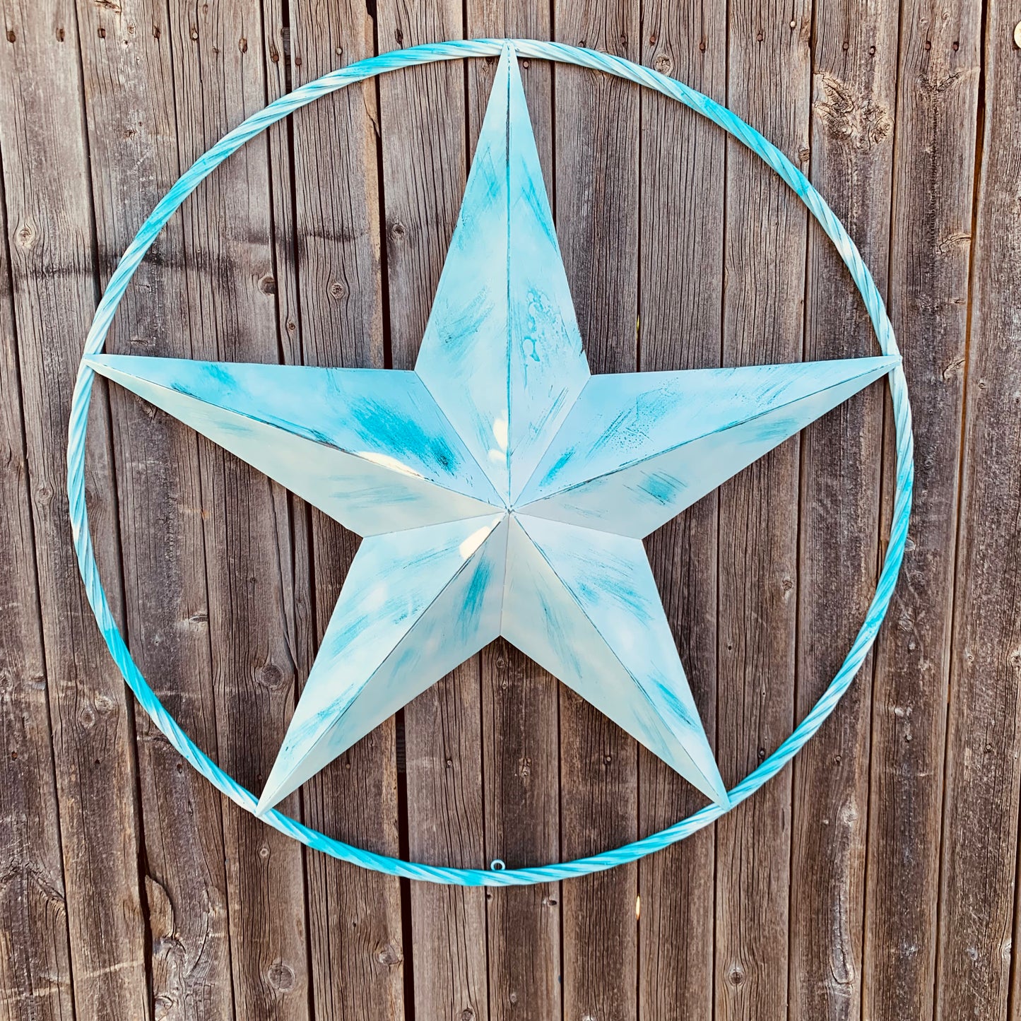 #EH11219 TURQUOISE WHITE DISTRESSED STAR TWO TONE TEXTURE BARN STAR METAL LONESTAR TWISTED ROPE RING WESTERN HOME DECOR HANDMADE NEW