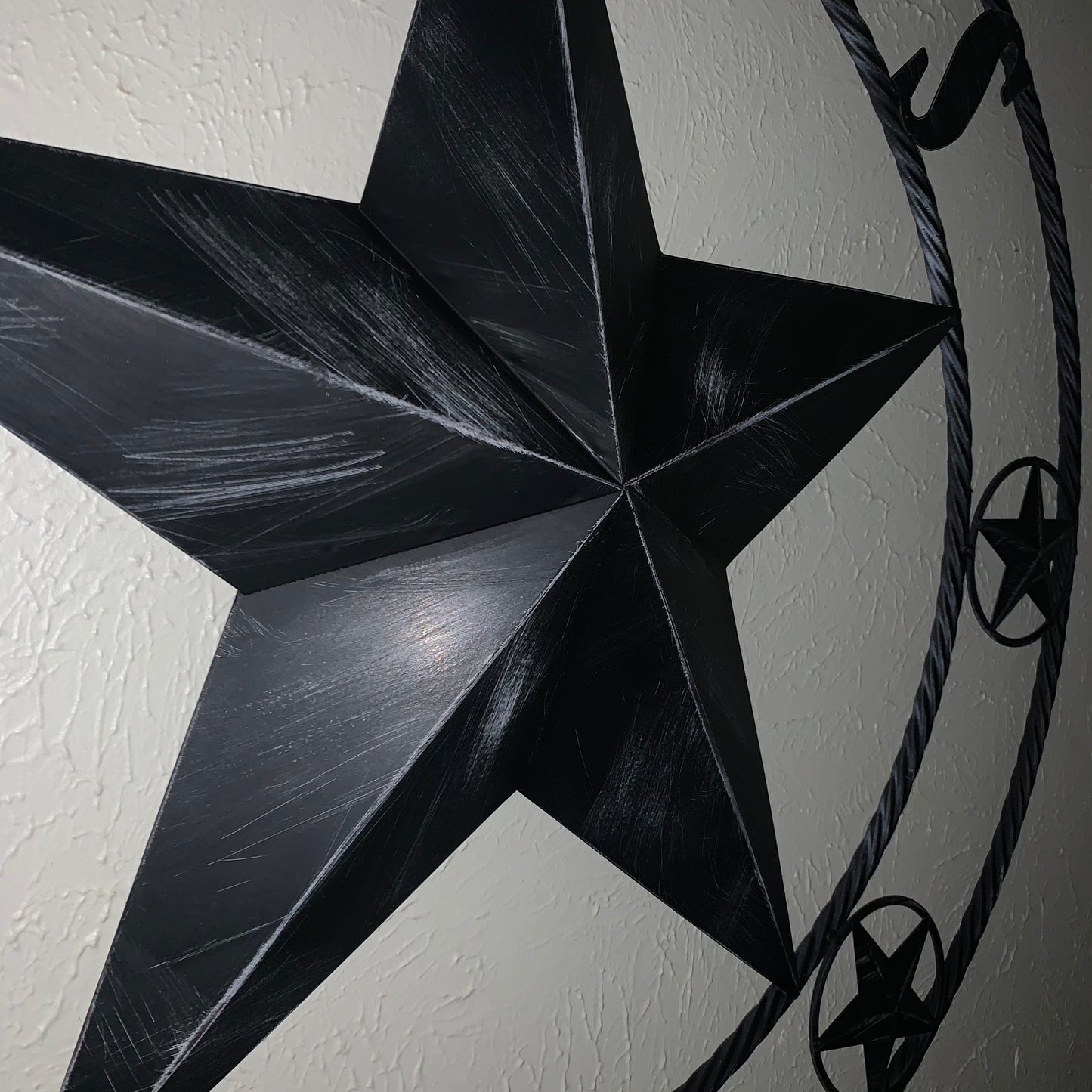 TEXAS BLACK DISTRESSED STAR TWO TONE TEXTURE BARN STAR METAL LONESTAR TWISTED ROPE RING WESTERN HOME DECOR HANDMADE NEW