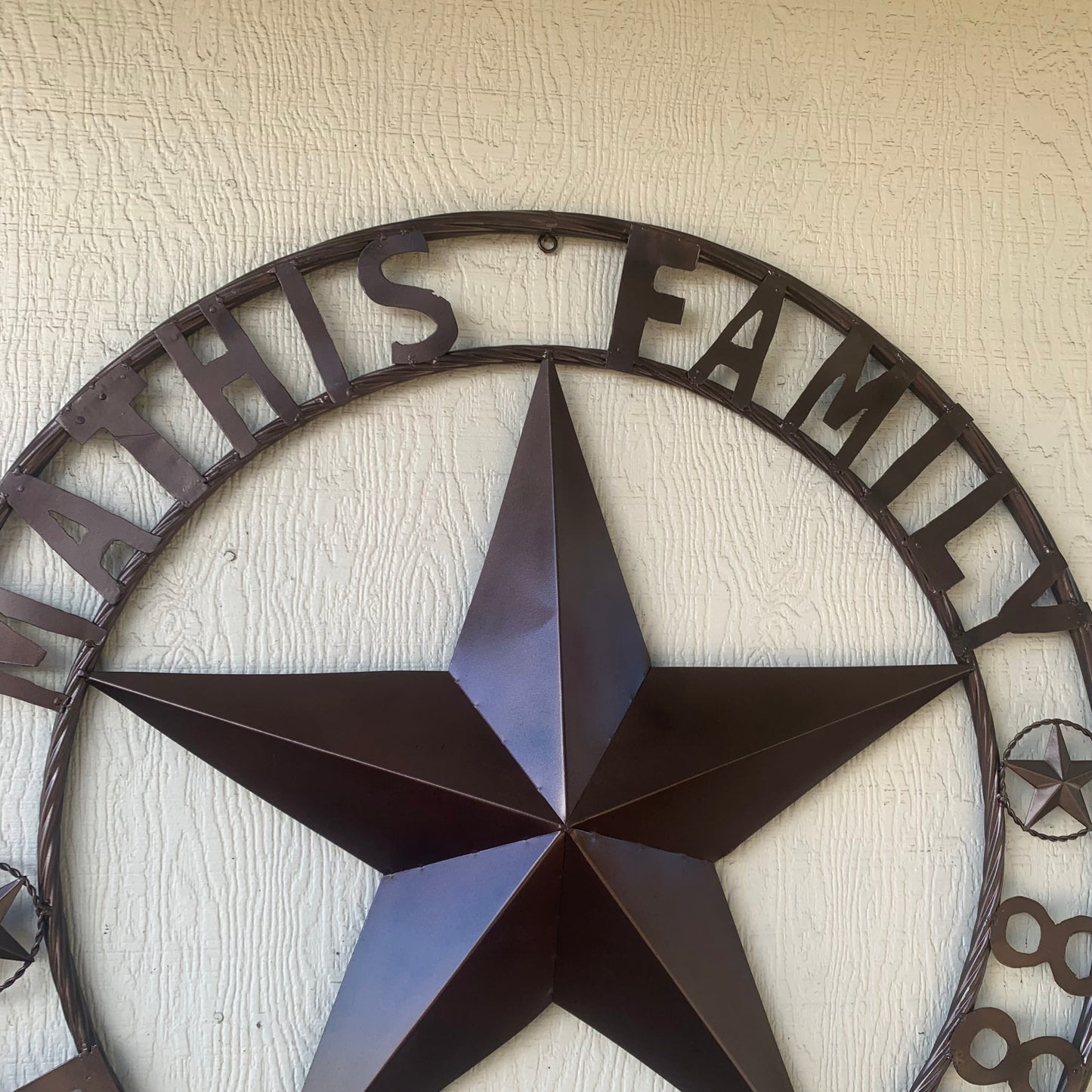 MATHIS STYLE CUSTOM NAME STAR BARN STAR 3d METAL LONESTAR TWISTED ROPE RING WESTERN HOME DECOR RUSTIC BRONZE COPPER HANDMADE 24",32",36",50"